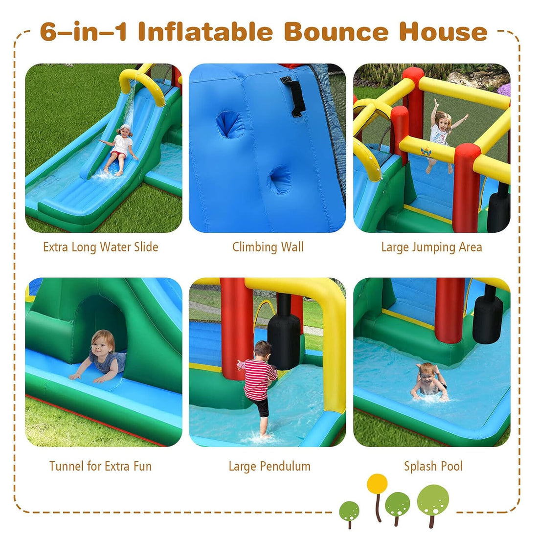 Inflatable Water Slide, 6-in-1 Water Park Bounce House for Kids Outdoor Fun Wet Dry with Splash Pool, Blow up Water Slides Inflatables for Kids and Adults Backyard Gifts Presents
