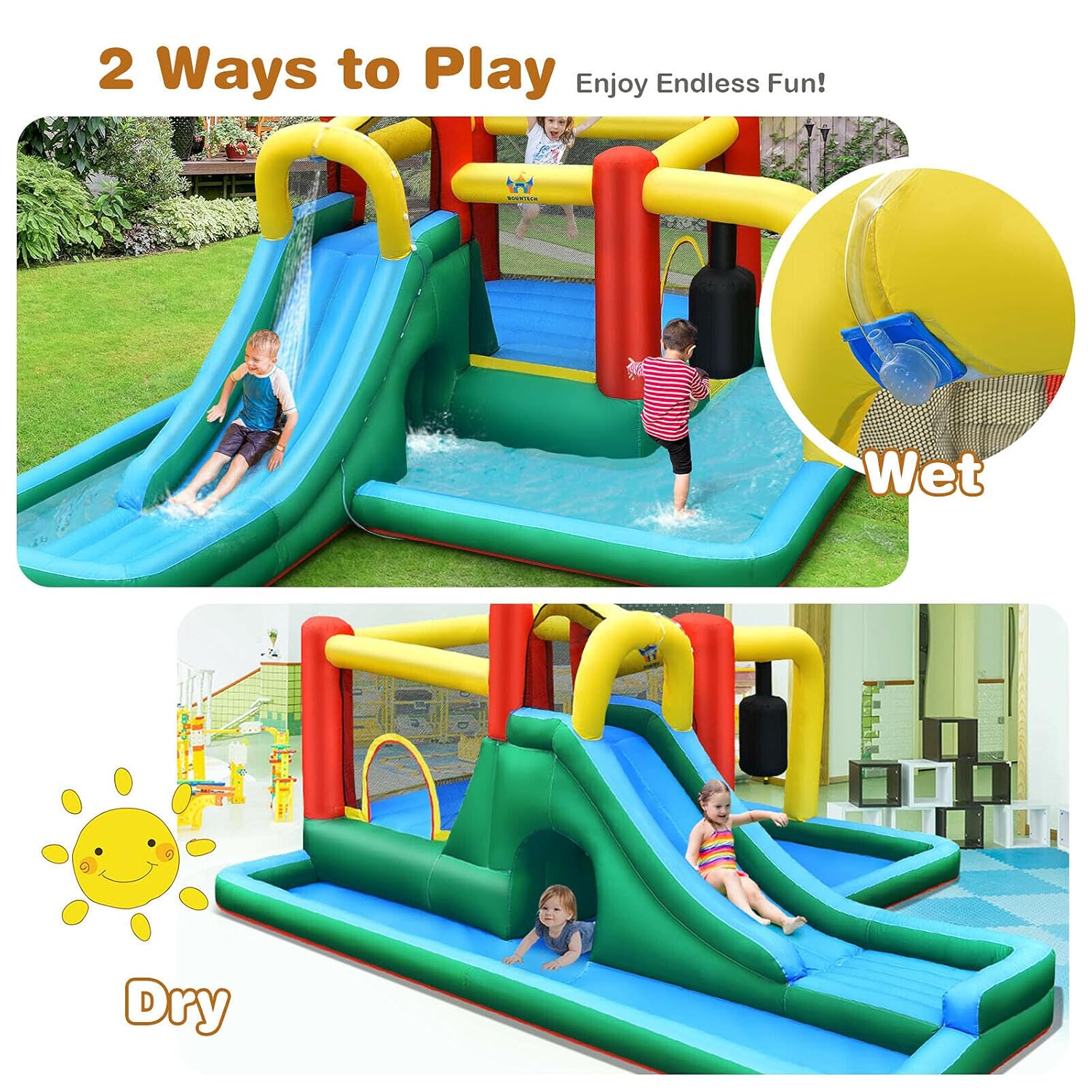 Inflatable Water Slide, 6-in-1 Water Park Bounce House for Kids Outdoor Fun Wet Dry with Splash Pool, Blow up Water Slides Inflatables for Kids and Adults Backyard Gifts Presents