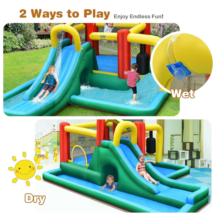 Inflatable Water Slide, 6-in-1 Water Park Bounce House for Kids Outdoor Fun Wet Dry with Splash Pool, Blow up Water Slides Inflatables for Kids and Adults Backyard Gifts Presents