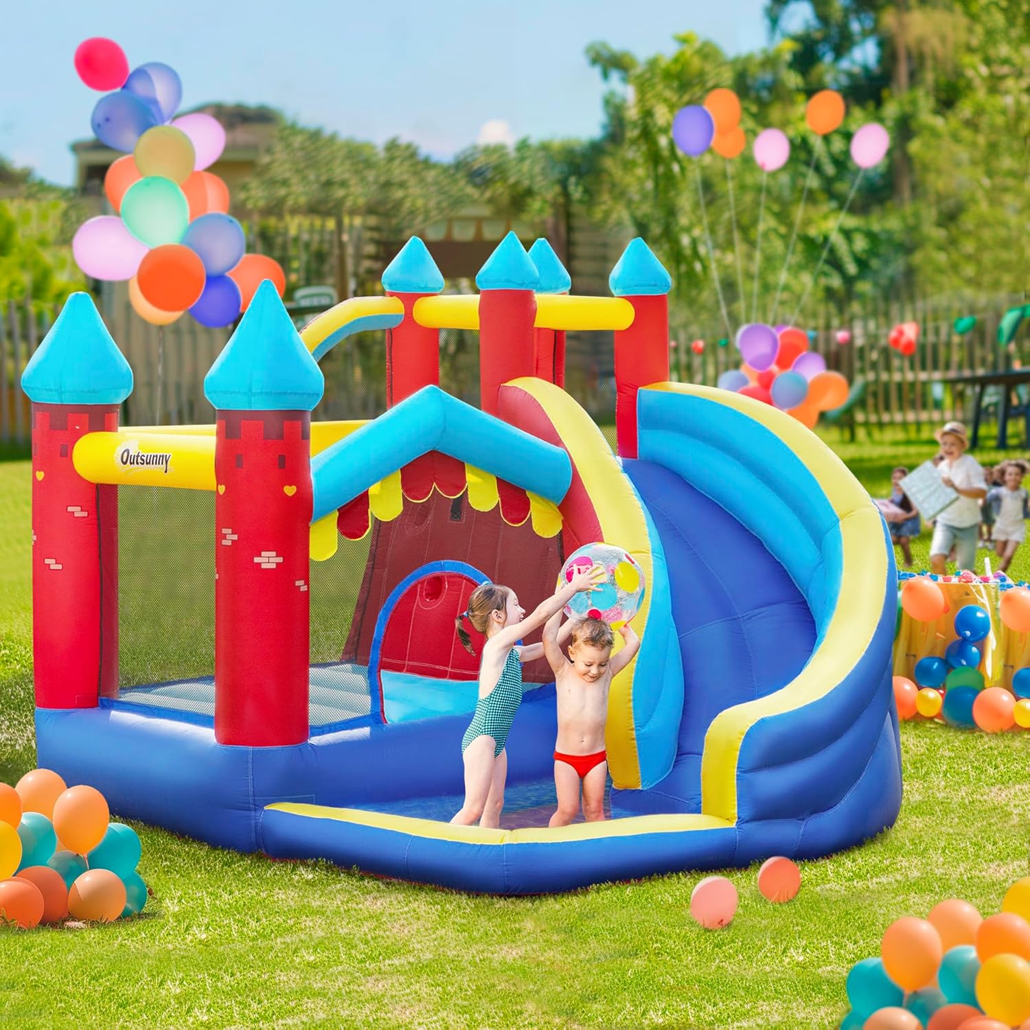 Outsunny 4 in 1 Inflatable Bounce House Kids Bounce Castle Include Trampoline