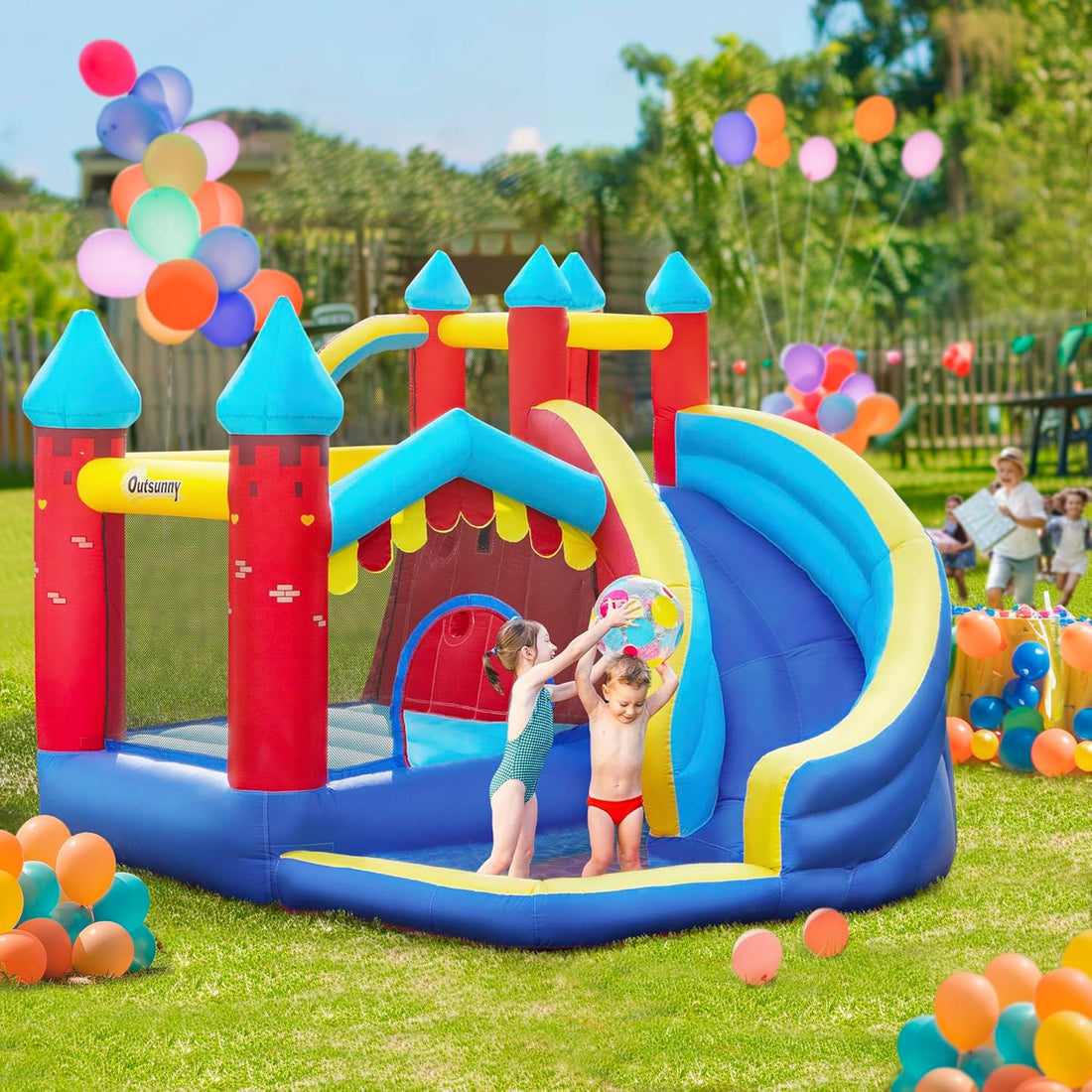 Outsunny 4 in 1 Inflatable Bounce House Kids Bounce Castle Include Trampoline