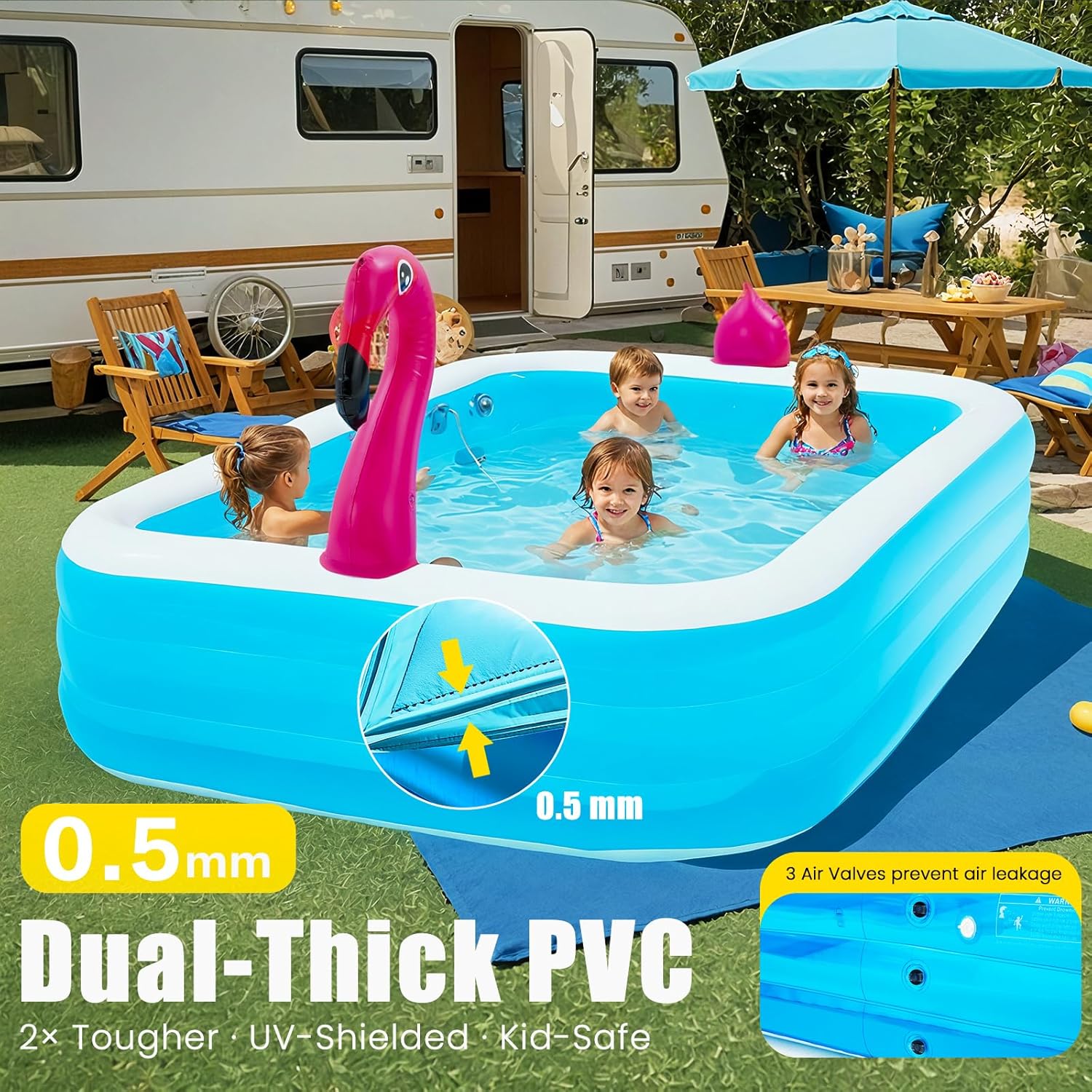 Inflatable Pool with Lights, Upgraded Family Inflatable Swimming Pool for Kids in Backyard- Large, Thickened, Ideal for Kids & Adults, Flamingo Blue with air blower