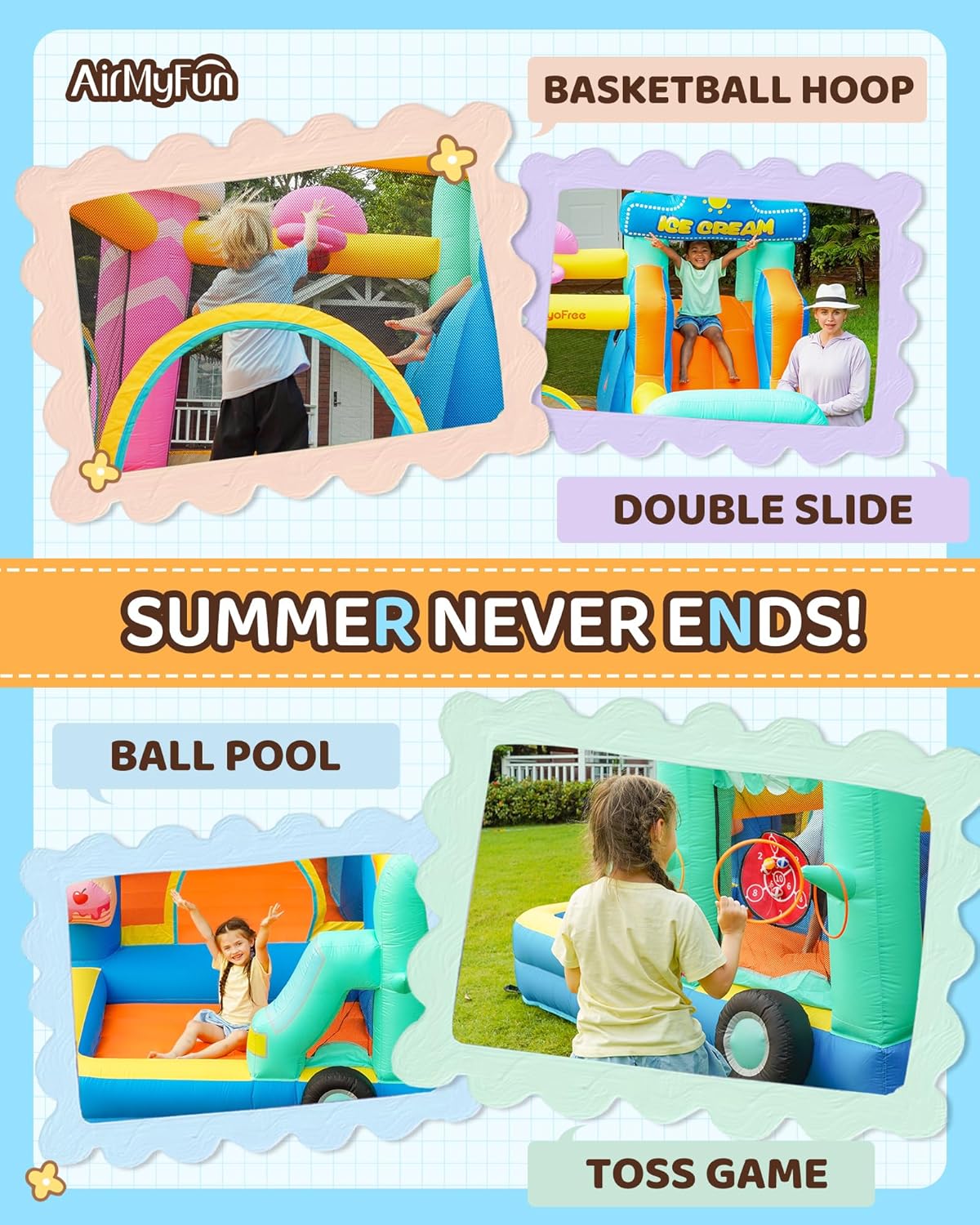AirMyFun Inflatable Bounce House for Big Kids 8-12, Bouncy Castle for Kids 3-6 Toddler Bouncy House with Double Slide Ice Cream Theme