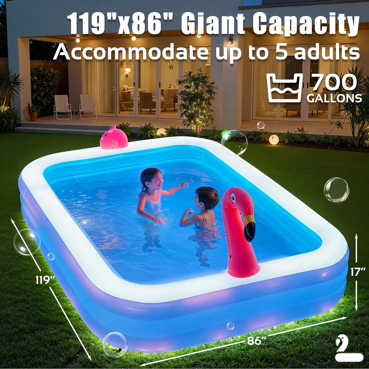Inflatable Pool with Lights, Upgraded Family Inflatable Swimming Pool for Kids in Backyard- Large, Thickened, Ideal for Kids & Adults, Flamingo Blue with air blower