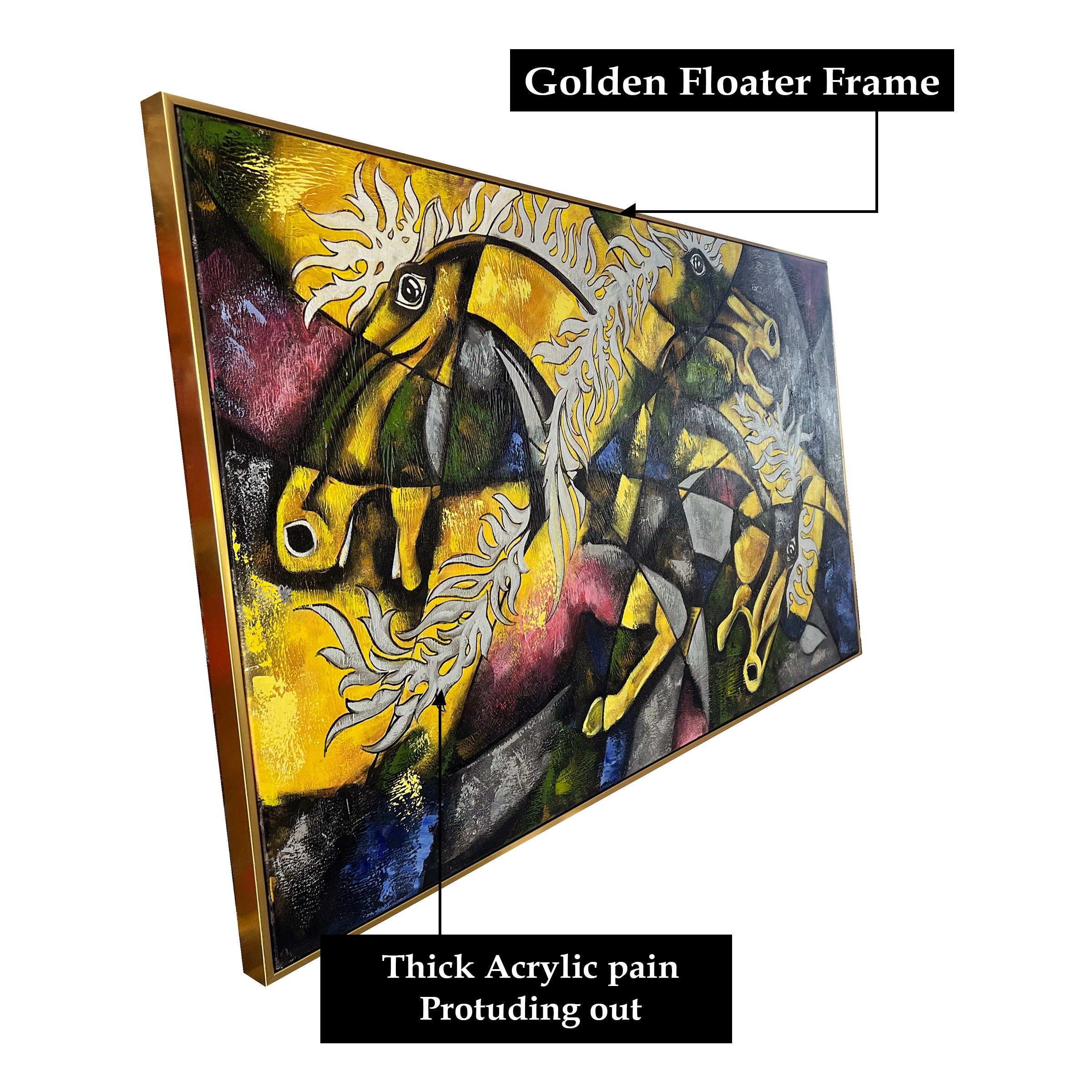 Cosmic Horses Hand Wall Painting For Home (Comes With an Outer Floater Frame) (55 x 32 Inches)