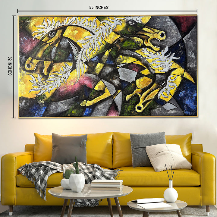 Cosmic Horses Hand Wall Painting For Home (Comes With an Outer Floater Frame) (55 x 32 Inches)