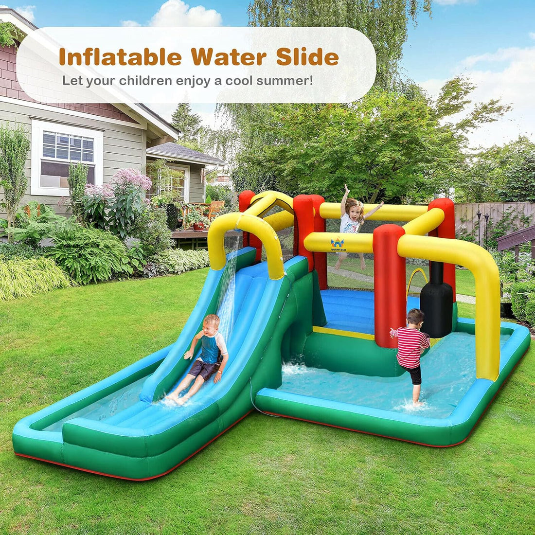 Inflatable Water Slide, 6-in-1 Water Park Bounce House for Kids Outdoor Fun Wet Dry with Splash Pool, Blow up Water Slides Inflatables for Kids and Adults Backyard Gifts Presents