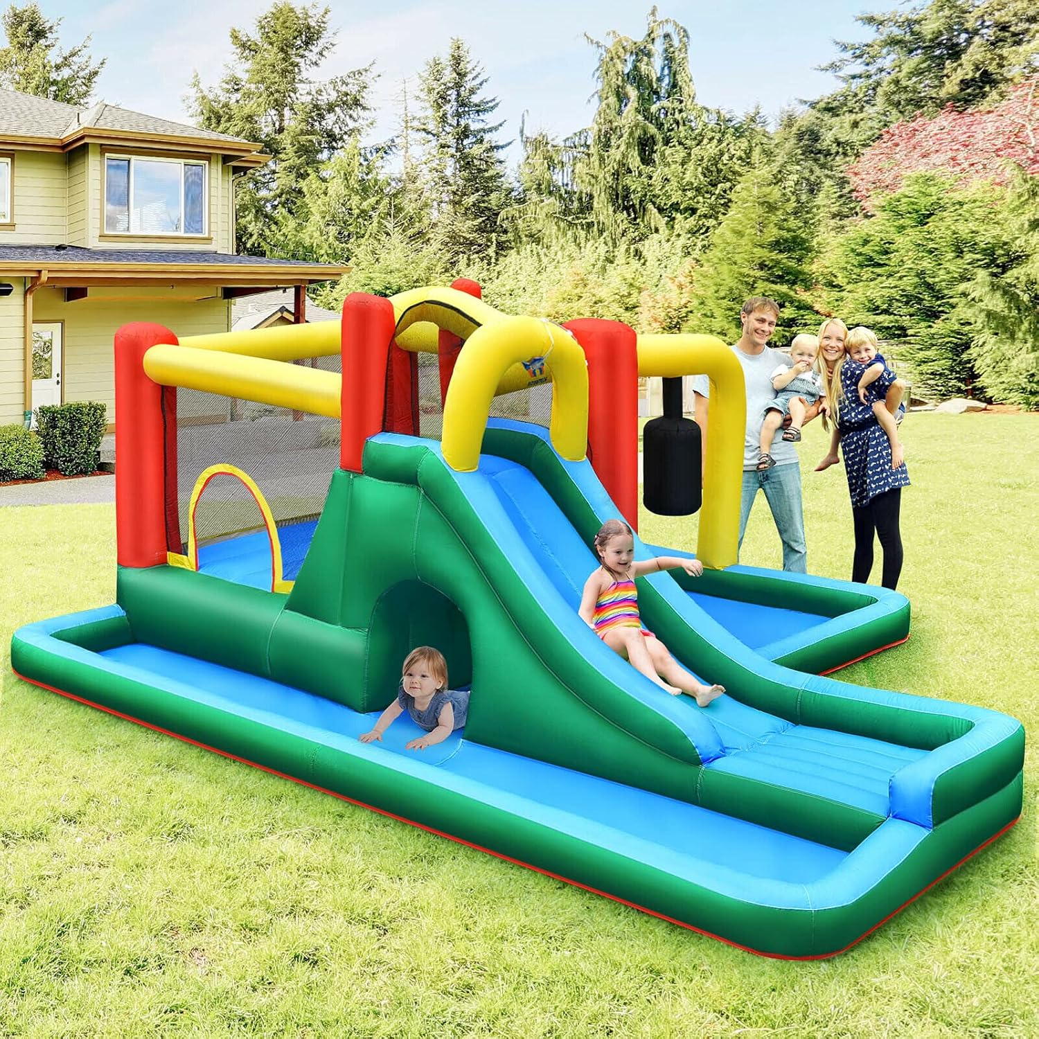Inflatable Water Slide, 6-in-1 Water Park Bounce House for Kids Outdoor Fun Wet Dry with Splash Pool, Blow up Water Slides Inflatables for Kids and Adults Backyard Gifts Presents