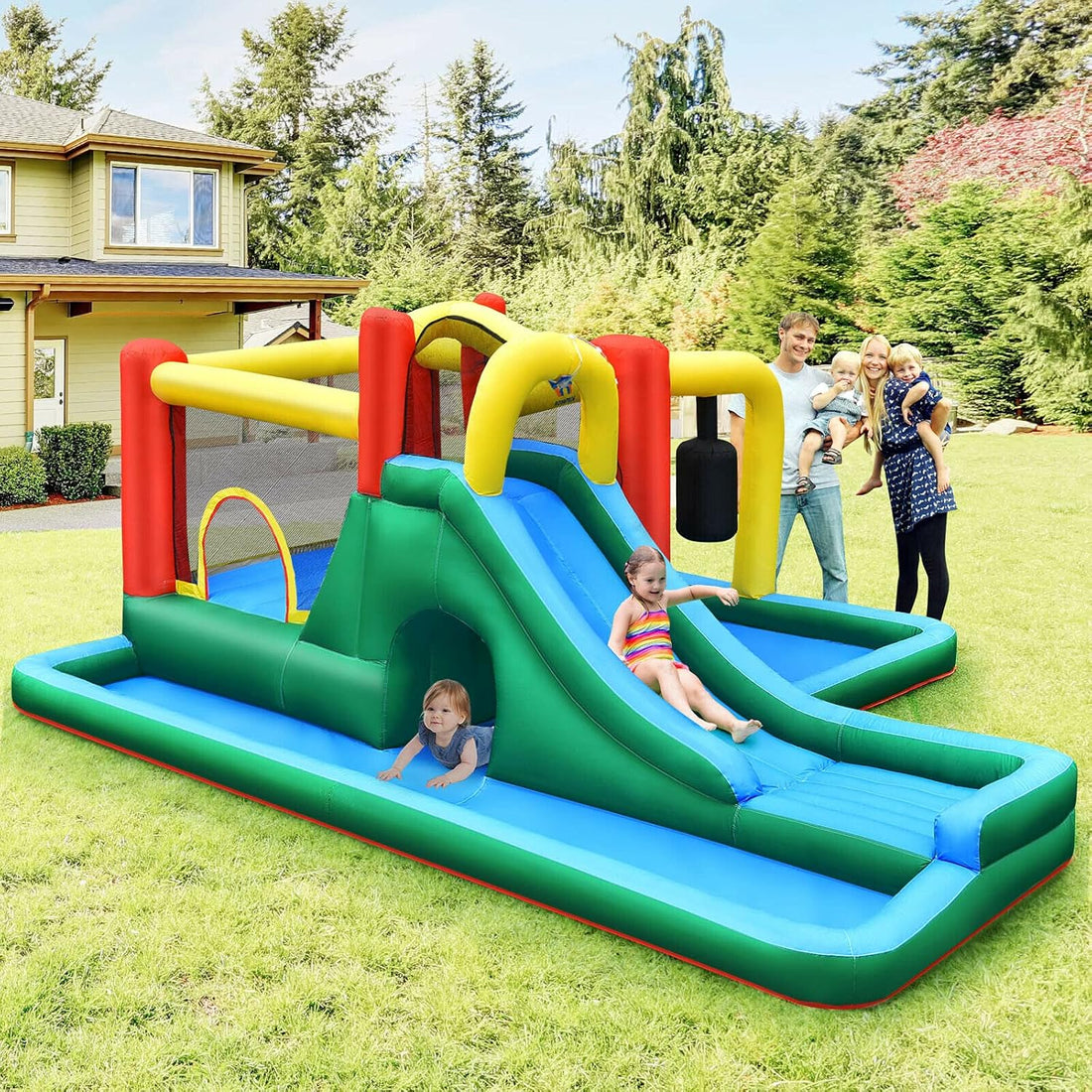 Inflatable Water Slide, 6-in-1 Water Park Bounce House for Kids Outdoor Fun Wet Dry with Splash Pool, Blow up Water Slides Inflatables for Kids and Adults Backyard Gifts Presents