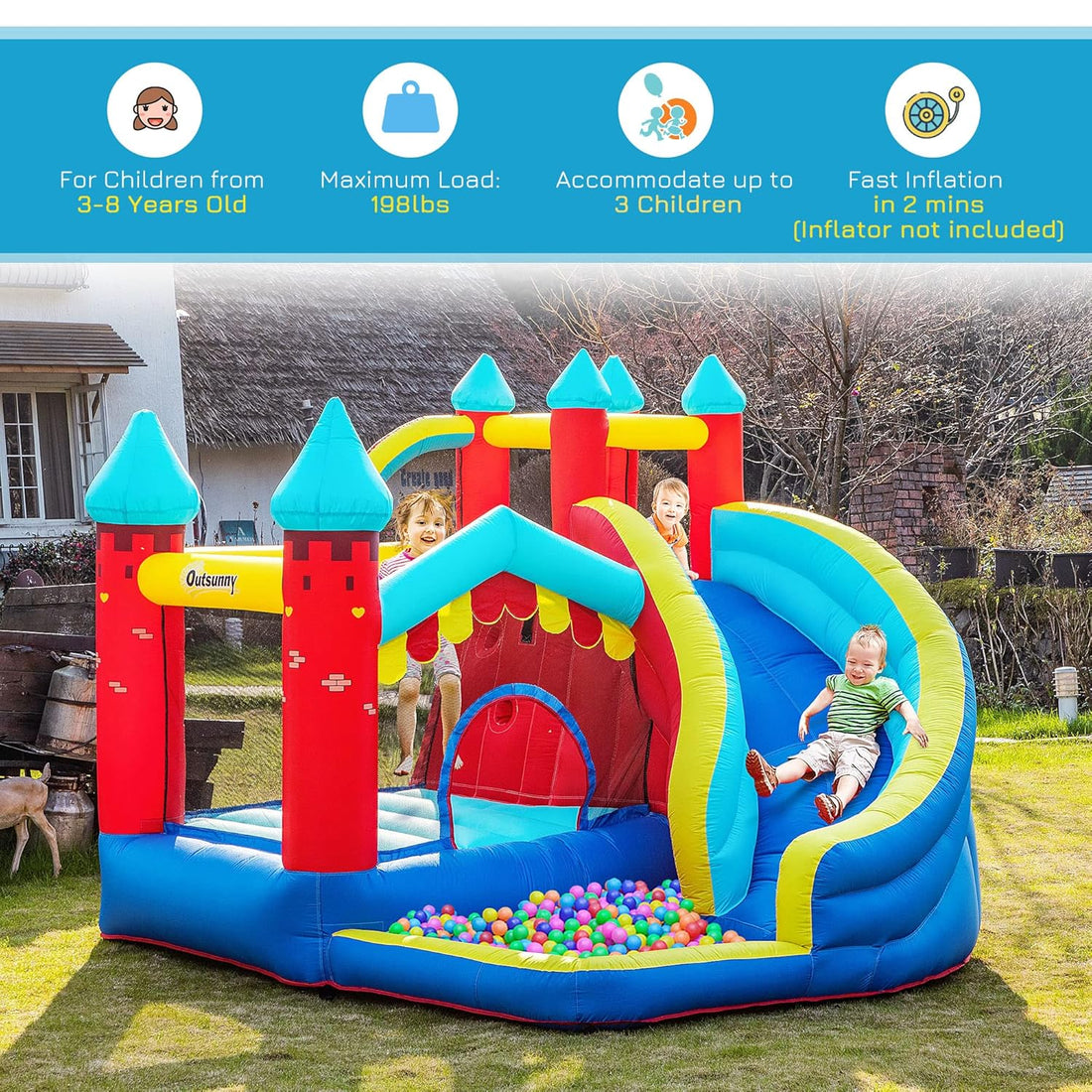 Outsunny 4 in 1 Inflatable Bounce House Kids Bounce Castle Include Trampoline
