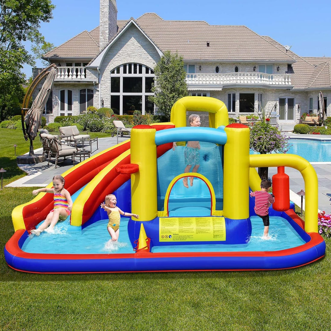 Inflatable Water Slide Bounce House, 6-in-1 Kids Water Park Jump Castle