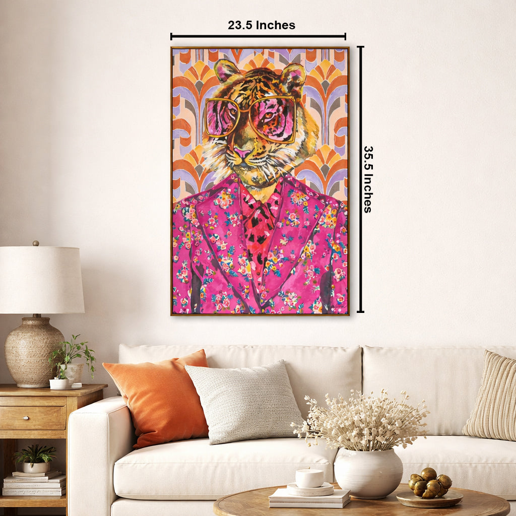 Tiger in Retro Bloom by Heather Perry 100% Hand Painted Wall Painting (With Outer Floater Frame frame) ( 35.5 x 23.5 Inches )