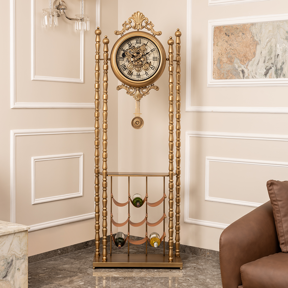 Grand Palace Designer Floor Clock With Pendulum & Moving Gear Mechanism (Steel Body)