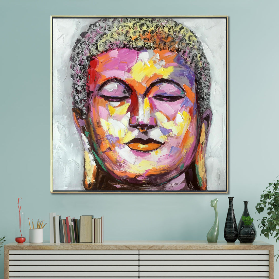 Buddha in Paradise 100% Hand Painted Wall Painting (With Outer Floater Frame) (40 x 40 Inches)