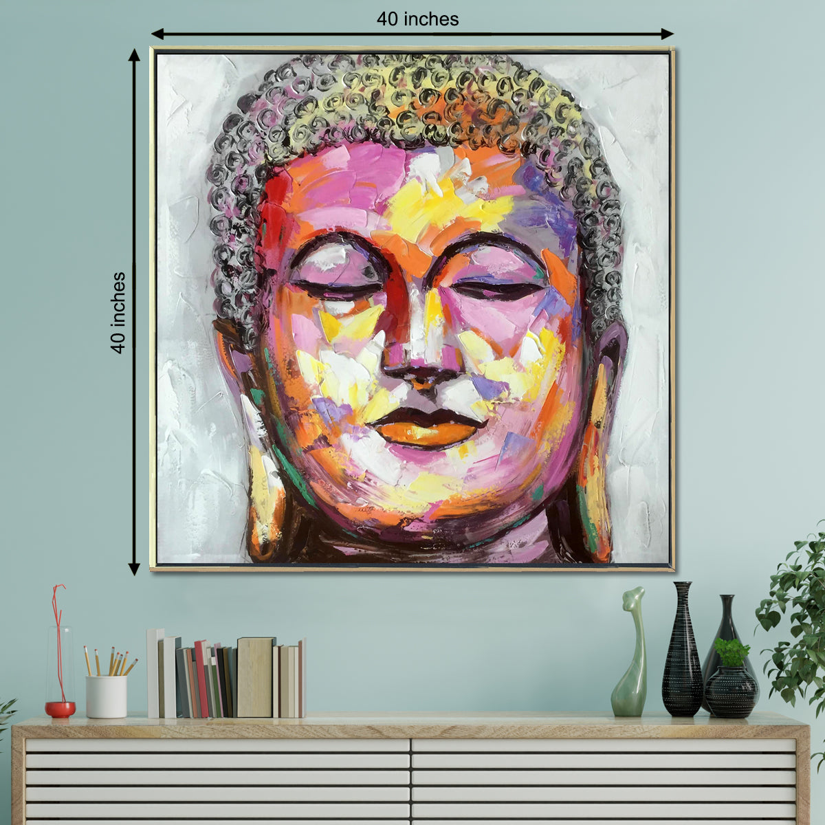 Buddha in Paradise 100% Hand Painted Wall Painting (With Outer Floater Frame) (40 x 40 Inches)