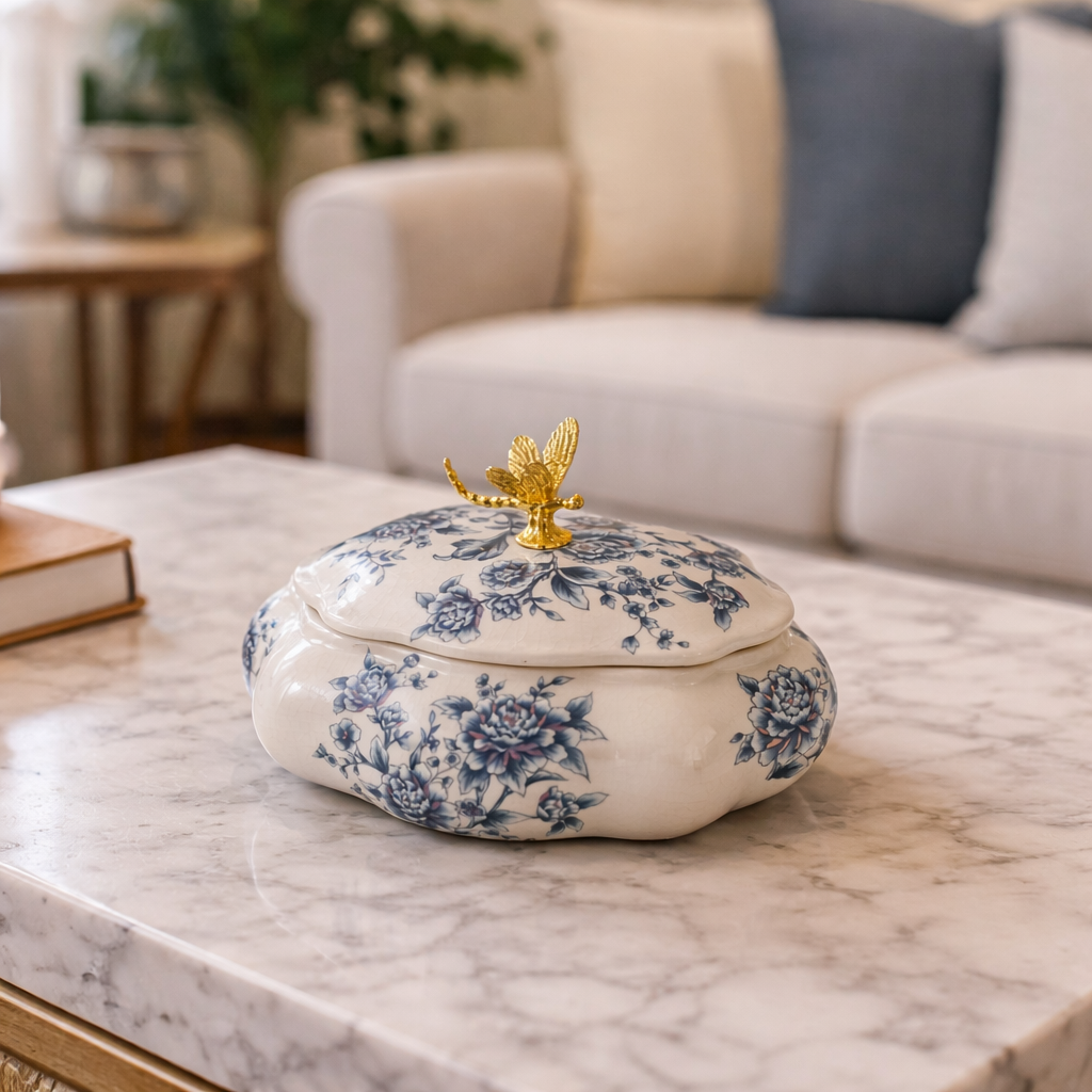 Golden Butterfly Blossom Jar & Showpiece & Item for Home Decoration - Blue