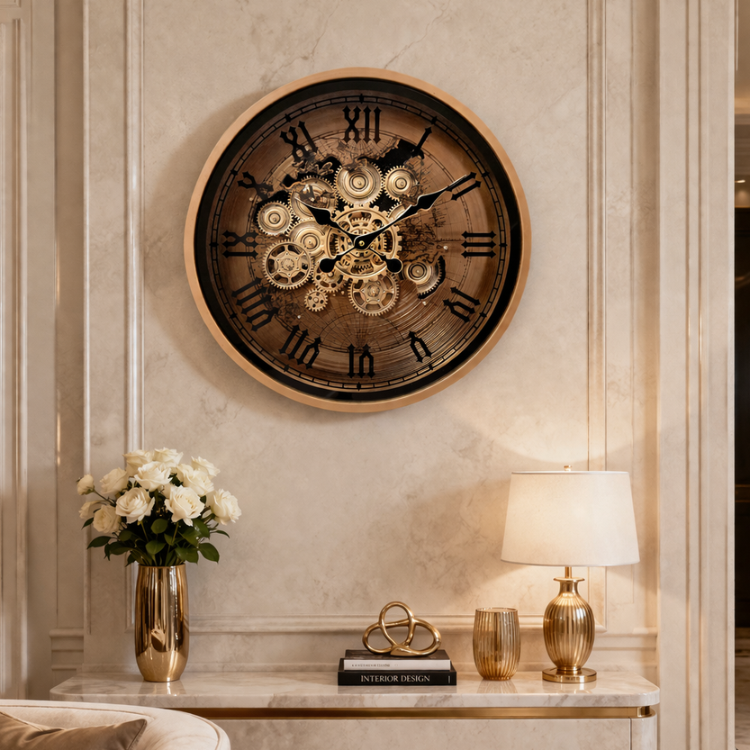 Golden Hour Luxury Designer Watches Wall Clock For Living Room With Moving Gear Mechanism Buy Wall Clock Online - Medium (Steel Body)