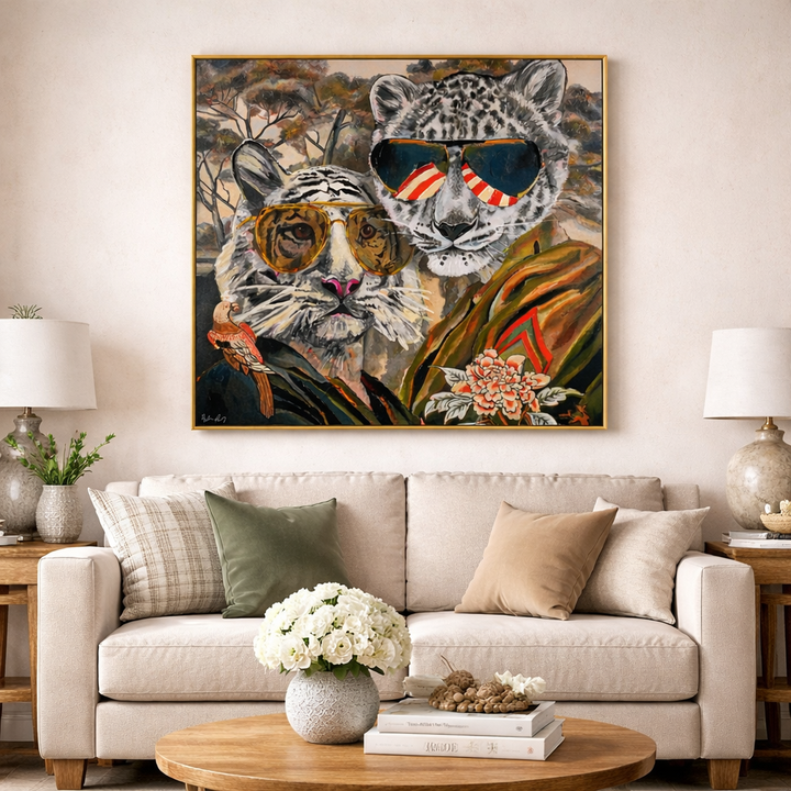 Aviator Wildcats: Where Nature Meets Urban Cool by Heather Perry 100% Hand Wall Painting (With Outer Floater Frame frame) ( 39 x 39 Inches )