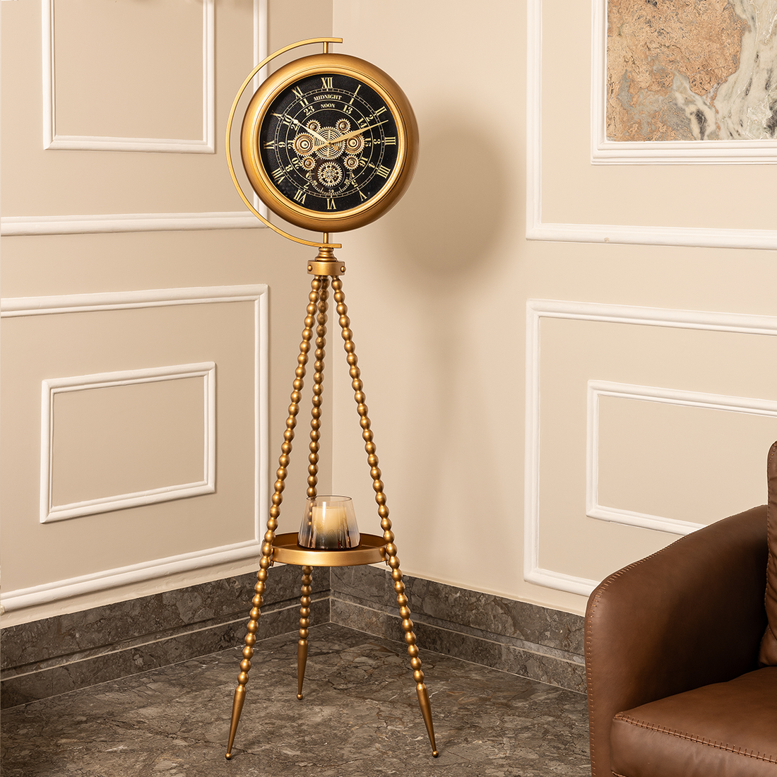 Mystic Motion Tripod Base Luxury Designer Floor Clock With Moving Gear Mechanism Buy Floor Clock Online (Steel Body) - Black (Ribbed)