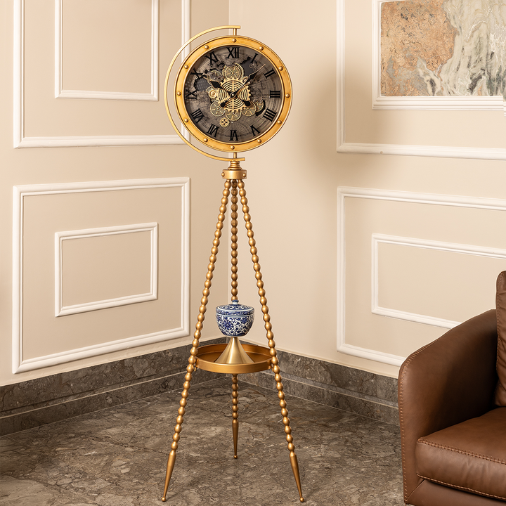 Moon Phase Tripod Base Luxury Designer Floor Clock With Moving Gear Mechanism - (Ribbed) (Gold) (Steel Body)