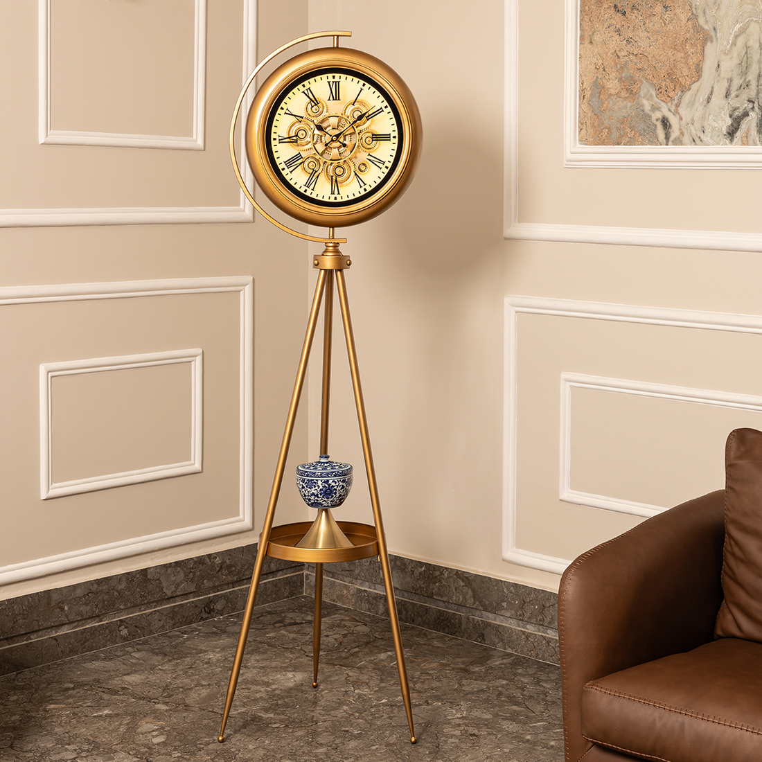 Golden Meridian Tripod Base Luxury Designer Standing Clock With Moving Gear Mechanism Buy Floor Clock Online (With Light and Remote) (Steel Body)