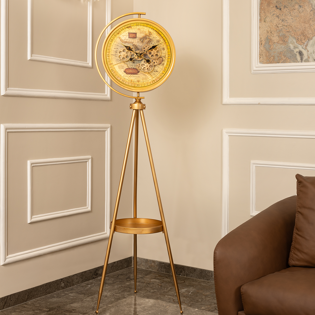 Timeless Tradition Tripod Base Luxury Designer Floor Clock With Moving Gear Mechanism (Steel Body) (With Light & Remote)