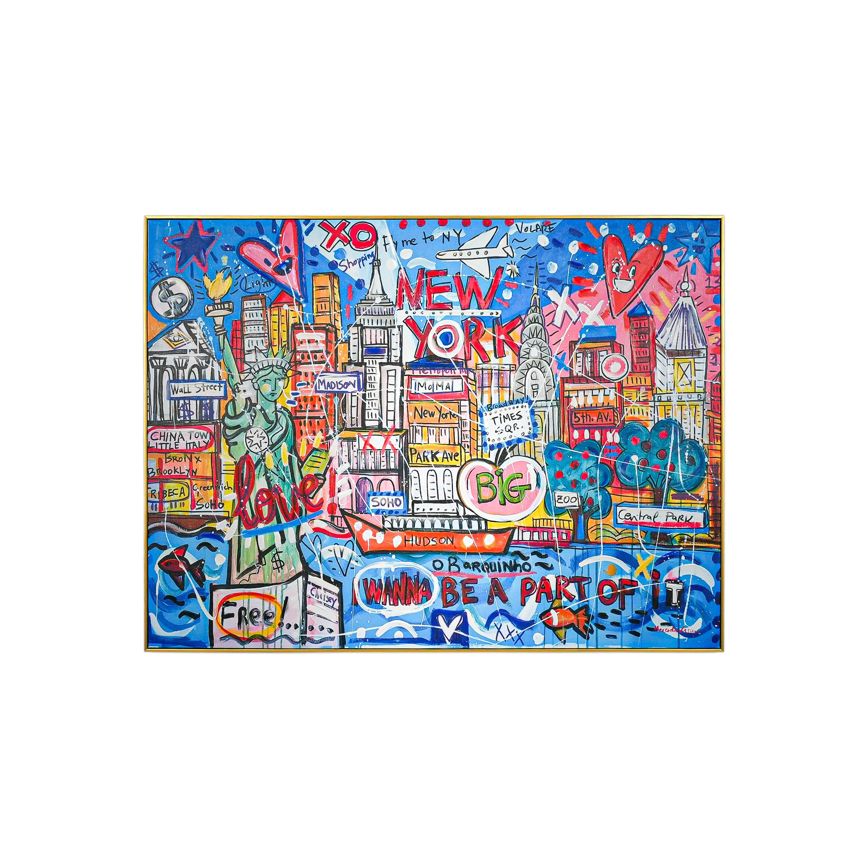 NYC Neon Love: A Vibrant Tribute to Manhattan’s Icons by Mercedes Lagunas 100% Hand Painted Wall Painting (With Outer Floater Frame frame) (35.5 x 47 Inches )