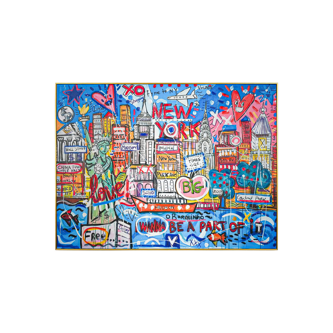 NYC Neon Love: A Vibrant Tribute to Manhattan’s Icons by Mercedes Lagunas 100% Hand Painted Wall Painting (With Outer Floater Frame frame) (35.5 x 47 Inches )