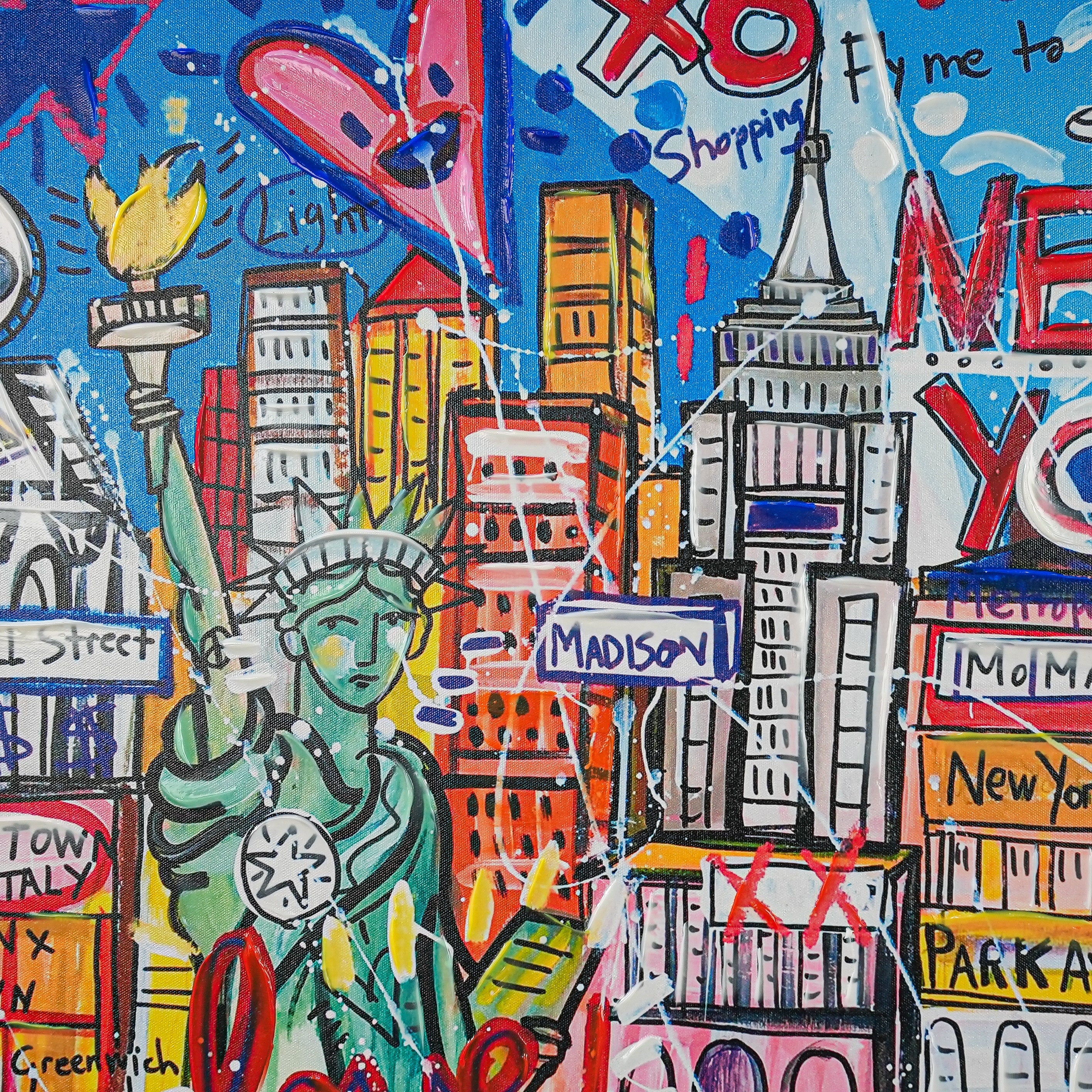 NYC Neon Love: A Vibrant Tribute to Manhattan’s Icons by Mercedes Lagunas 100% Hand Painted Wall Painting (With Outer Floater Frame frame) (35.5 x 47 Inches )