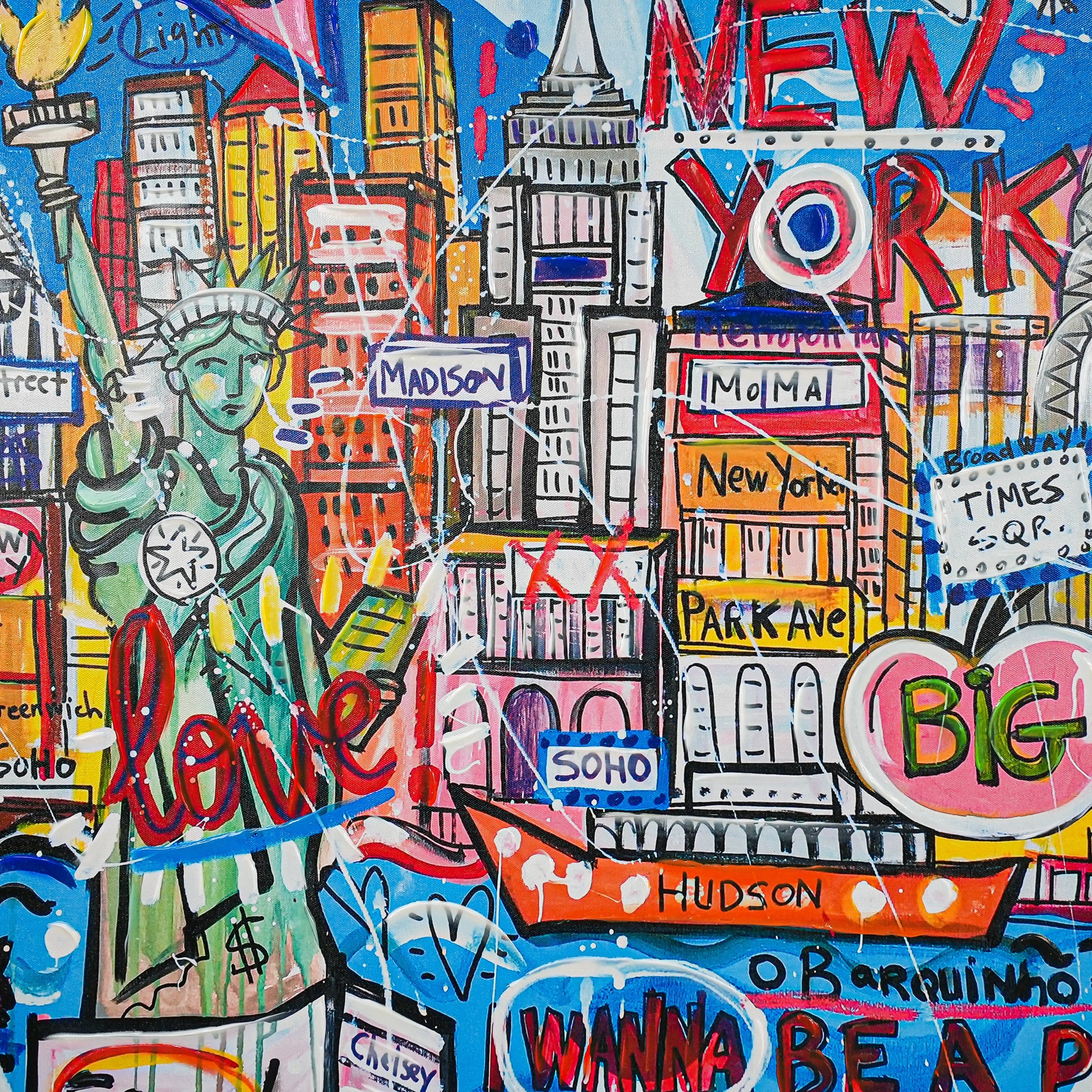 NYC Neon Love: A Vibrant Tribute to Manhattan’s Icons by Mercedes Lagunas 100% Hand Painted Wall Painting (With Outer Floater Frame frame) (35.5 x 47 Inches )