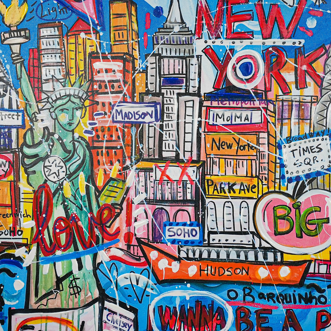 NYC Neon Love: A Vibrant Tribute to Manhattan’s Icons by Mercedes Lagunas 100% Hand Painted Wall Painting (With Outer Floater Frame frame) (35.5 x 47 Inches )