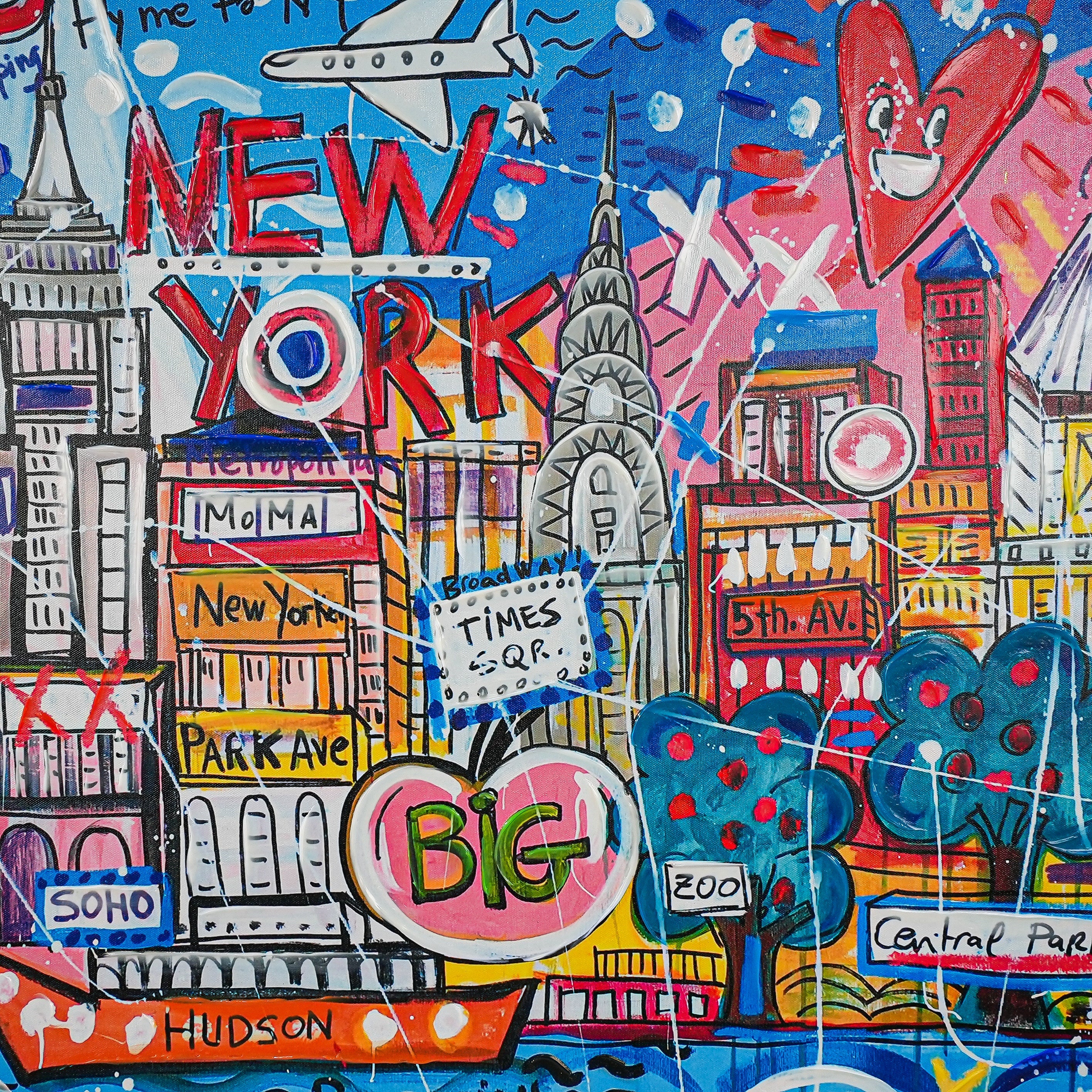 NYC Neon Love: A Vibrant Tribute to Manhattan’s Icons by Mercedes Lagunas 100% Hand Painted Wall Painting (With Outer Floater Frame frame) (35.5 x 47 Inches )