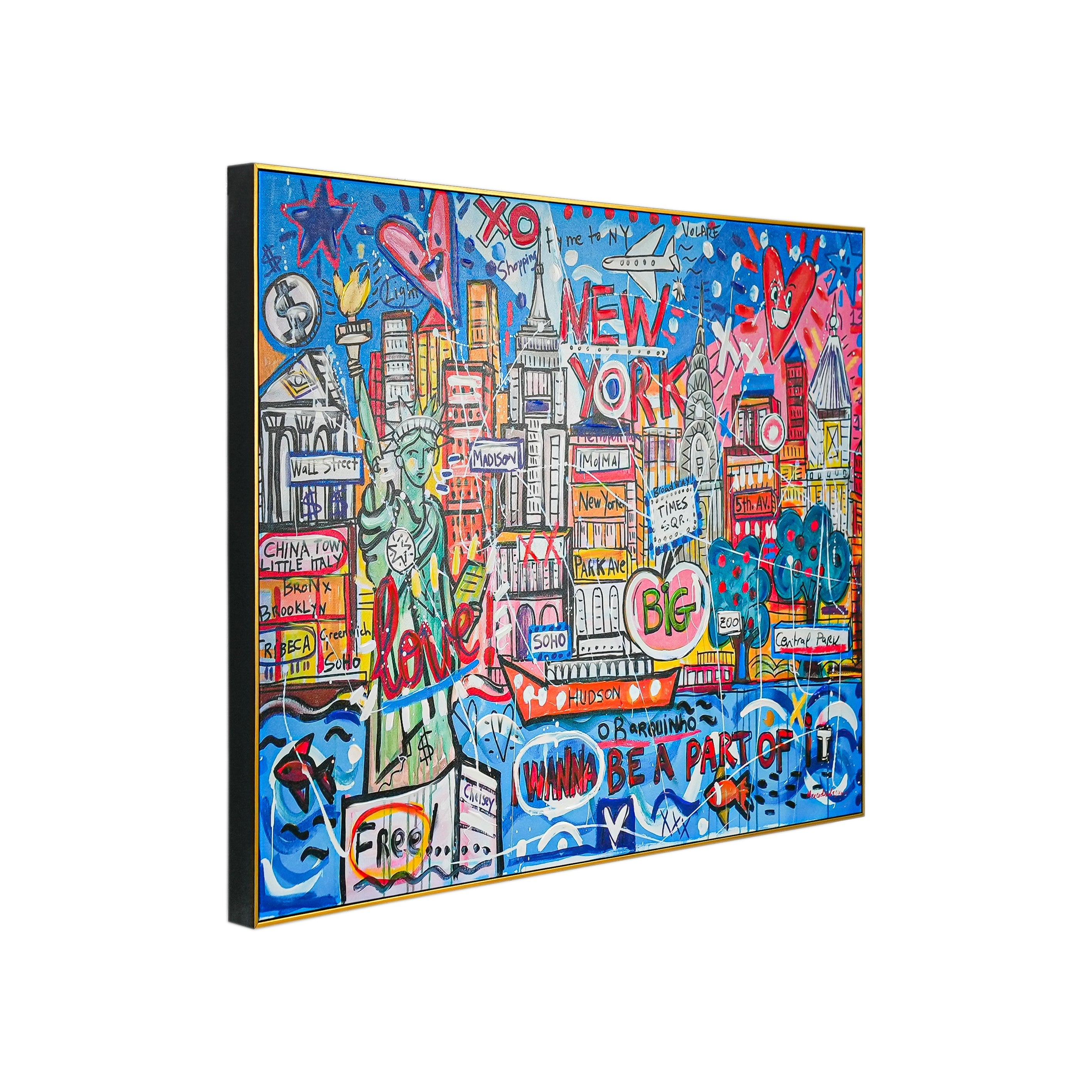 NYC Neon Love: A Vibrant Tribute to Manhattan’s Icons by Mercedes Lagunas 100% Hand Painted Wall Painting (With Outer Floater Frame frame) (35.5 x 47 Inches )