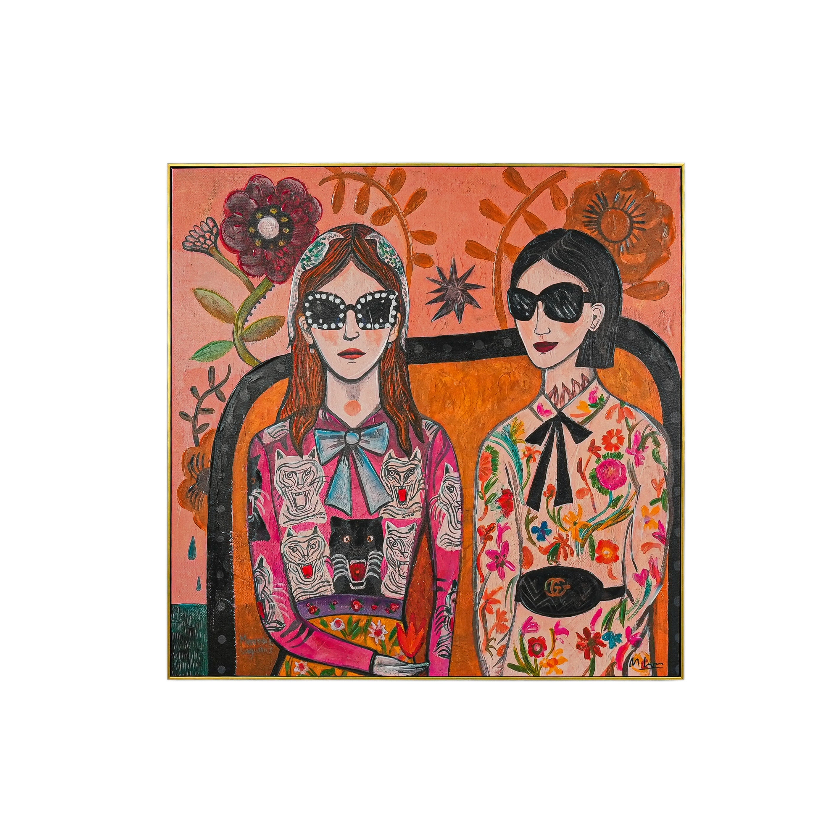 Floral & Feline Fashionistas by Mercedes Lagunas 100% Hand Painted Wall Painting (With Outer Floater Frame frame) ( 39 x 39 Inches )