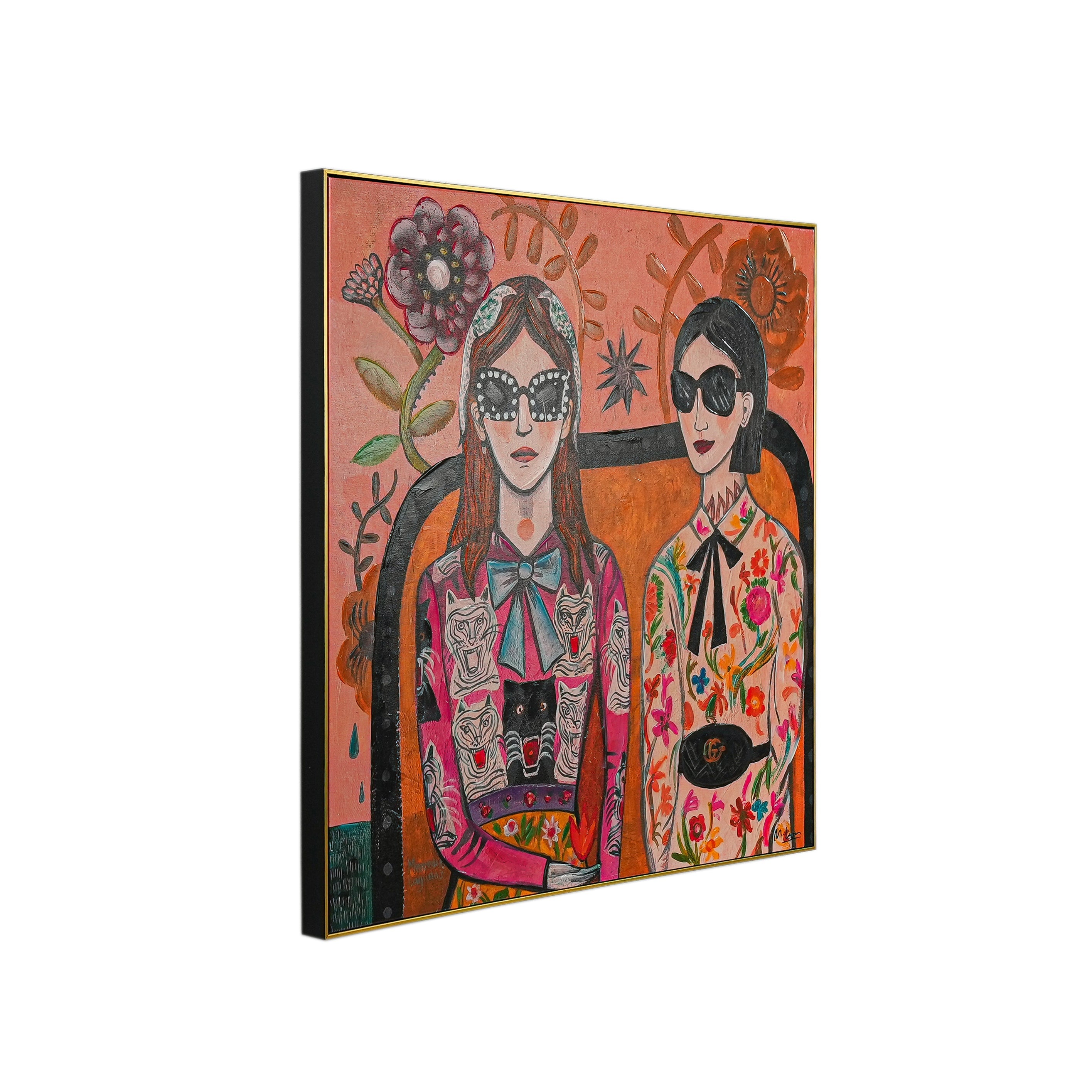 Floral & Feline Fashionistas by Mercedes Lagunas 100% Hand Painted Wall Painting (With Outer Floater Frame frame) ( 39 x 39 Inches )