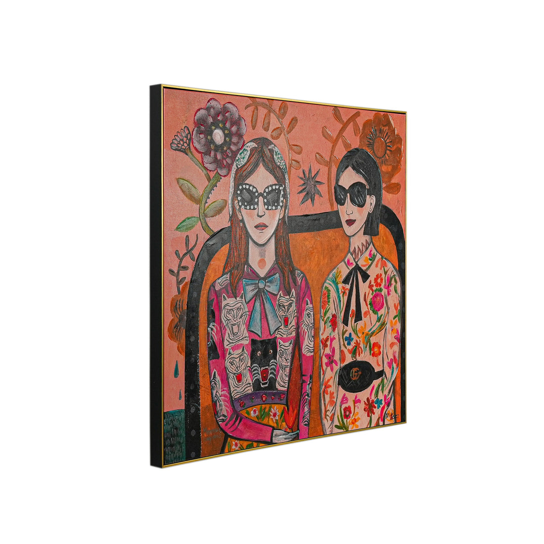 Floral & Feline Fashionistas by Mercedes Lagunas 100% Hand Painted Wall Painting (With Outer Floater Frame frame) ( 39 x 39 Inches )