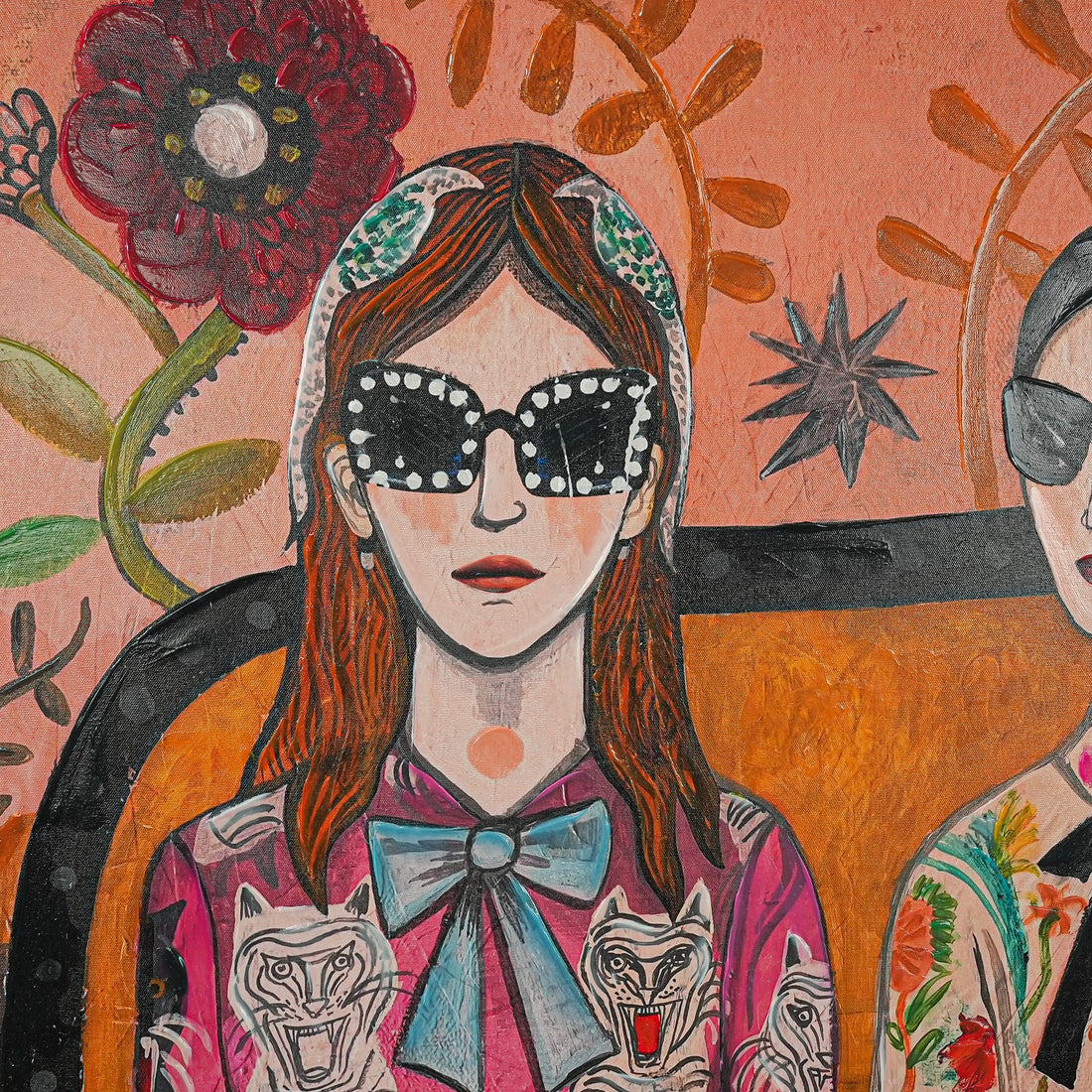 Floral & Feline Fashionistas by Mercedes Lagunas 100% Hand Painted Wall Painting (With Outer Floater Frame frame) ( 39 x 39 Inches )