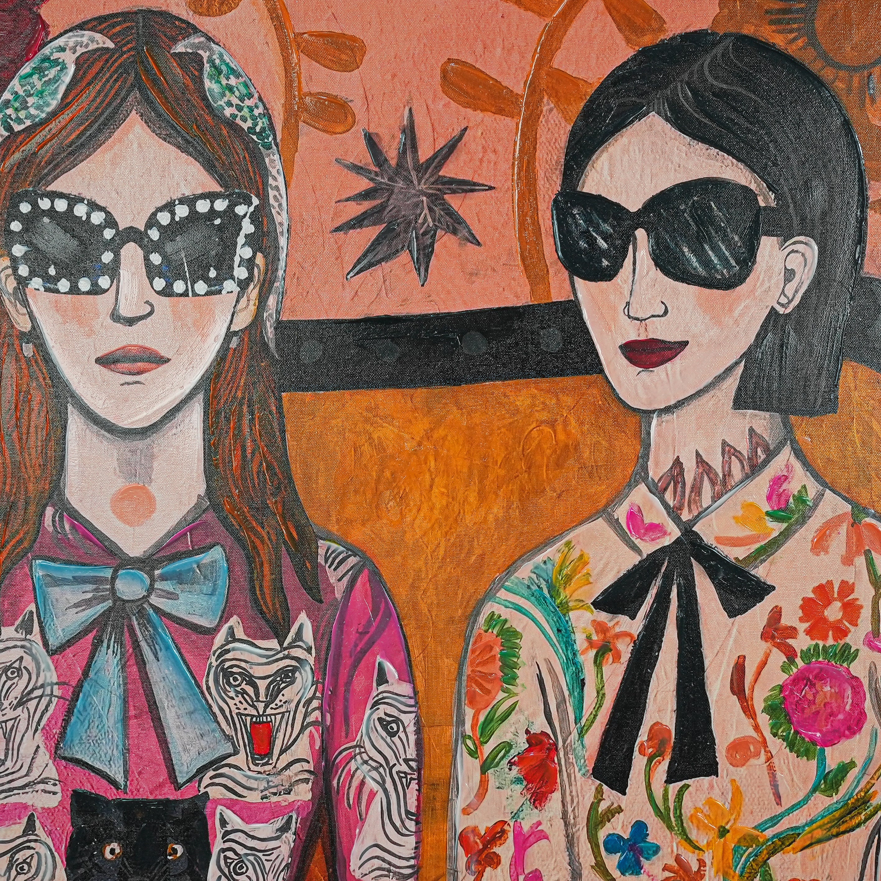 Floral & Feline Fashionistas by Mercedes Lagunas 100% Hand Painted Wall Painting (With Outer Floater Frame frame) ( 39 x 39 Inches )