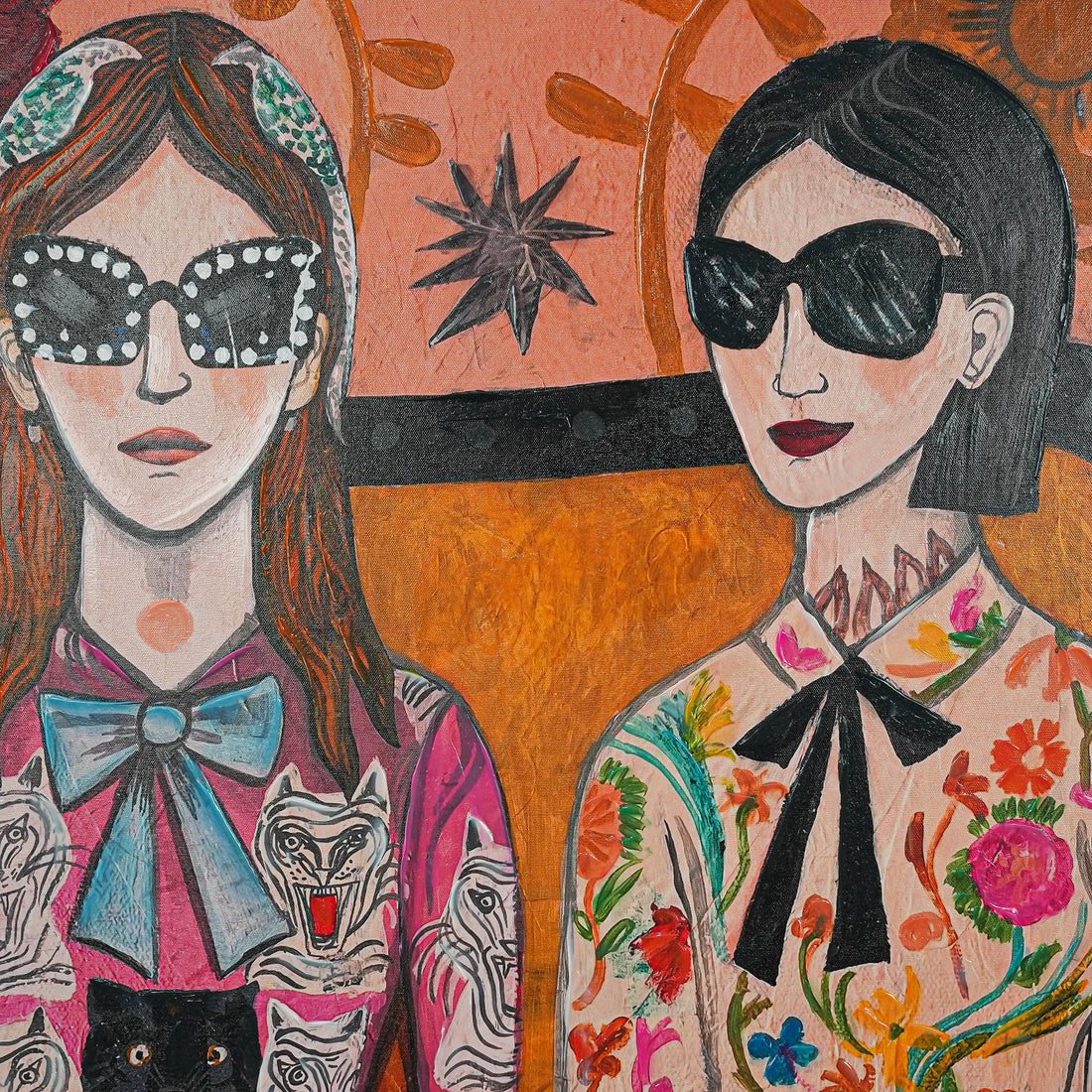 Floral & Feline Fashionistas by Mercedes Lagunas 100% Hand Painted Wall Painting (With Outer Floater Frame frame) ( 39 x 39 Inches )