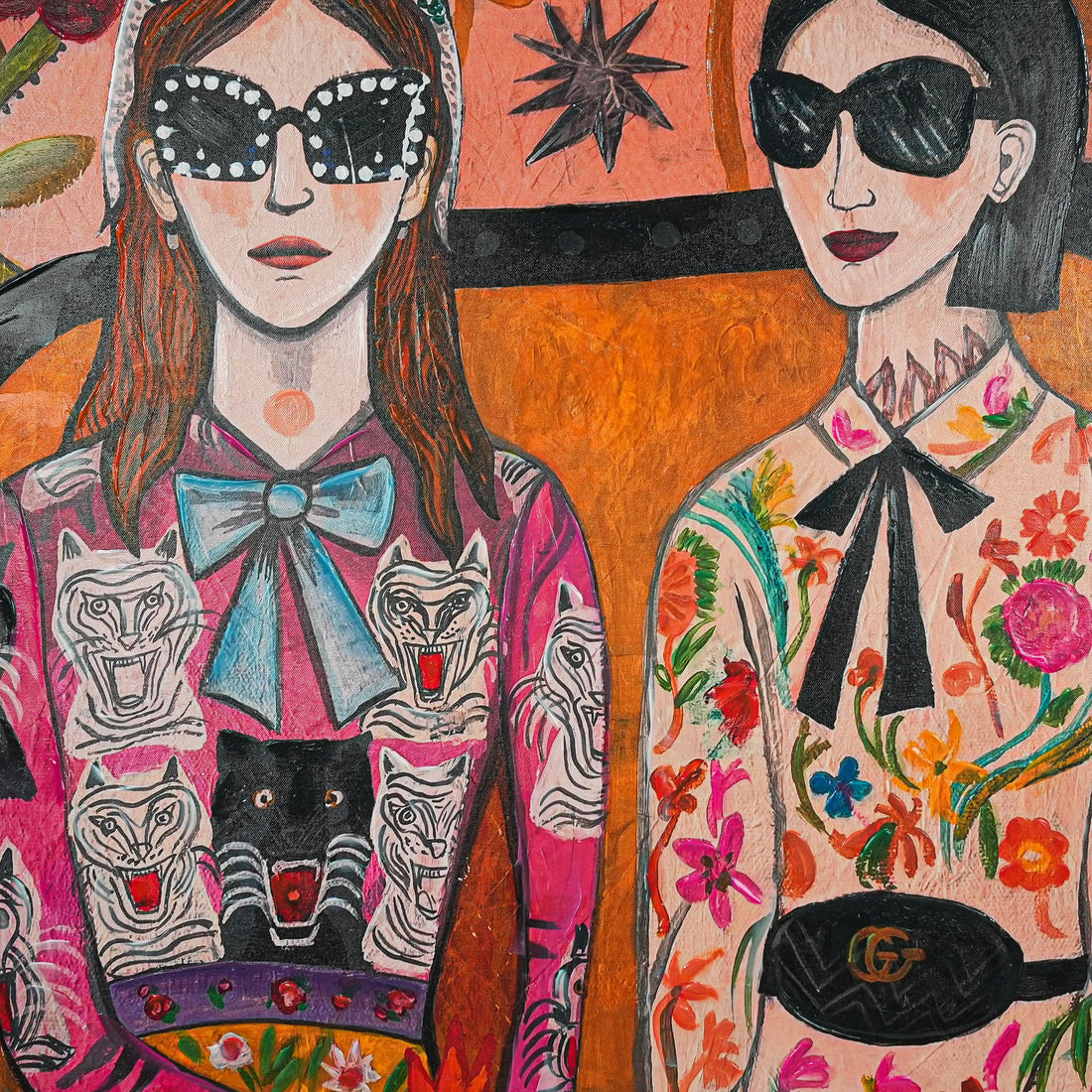 Floral & Feline Fashionistas by Mercedes Lagunas 100% Hand Painted Wall Painting (With Outer Floater Frame frame) ( 39 x 39 Inches )