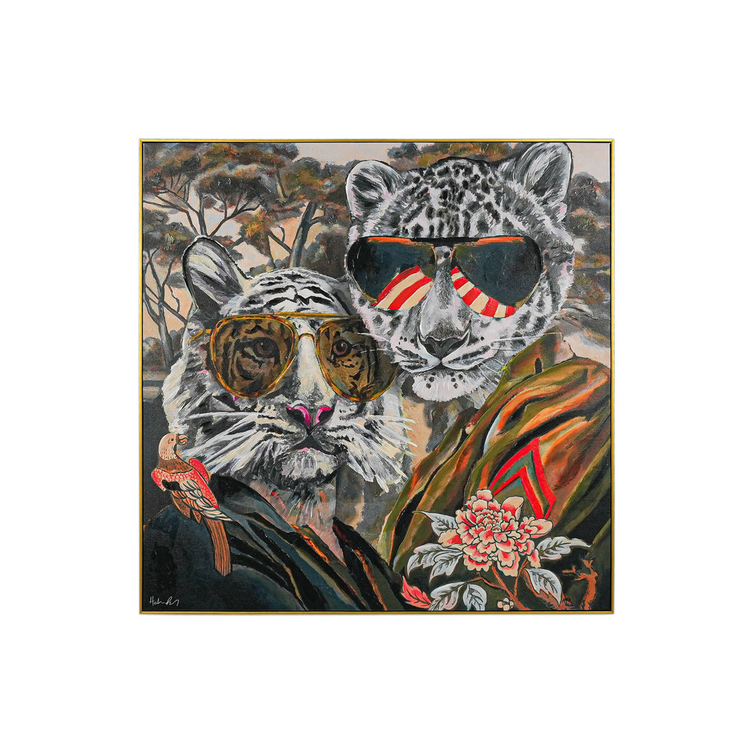 Aviator Wildcats: Where Nature Meets Urban Cool by Heather Perry 100% Hand Wall Painting (With Outer Floater Frame frame) ( 39 x 39 Inches )