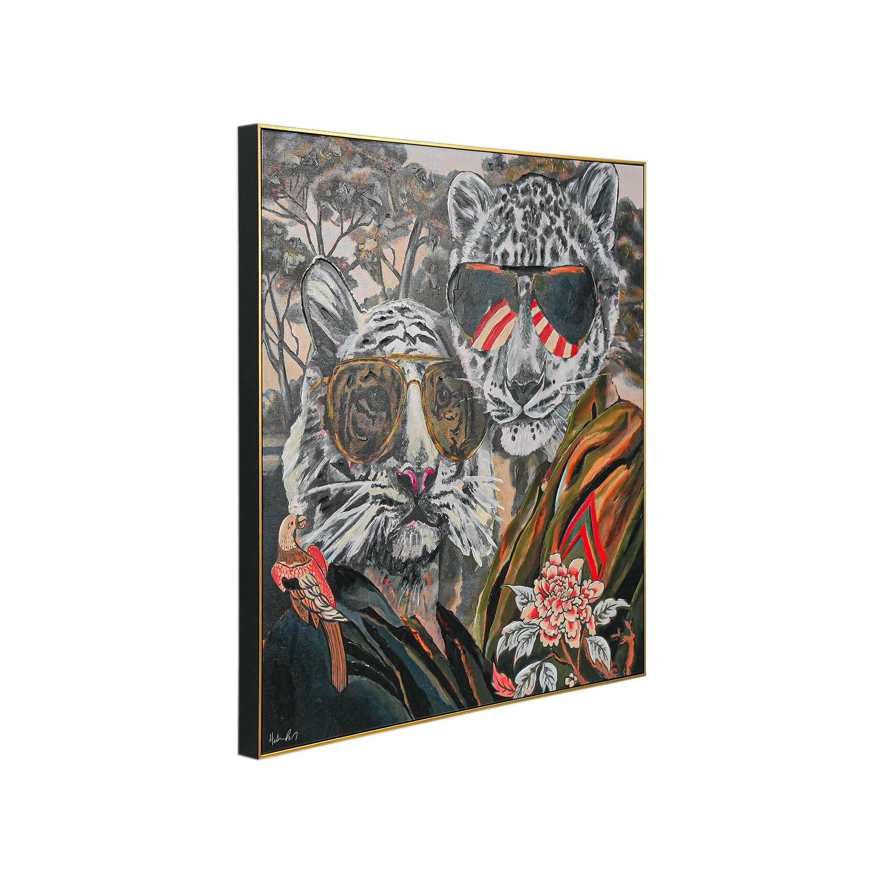 Aviator Wildcats: Where Nature Meets Urban Cool by Heather Perry 100% Hand Wall Painting (With Outer Floater Frame frame) ( 39 x 39 Inches )