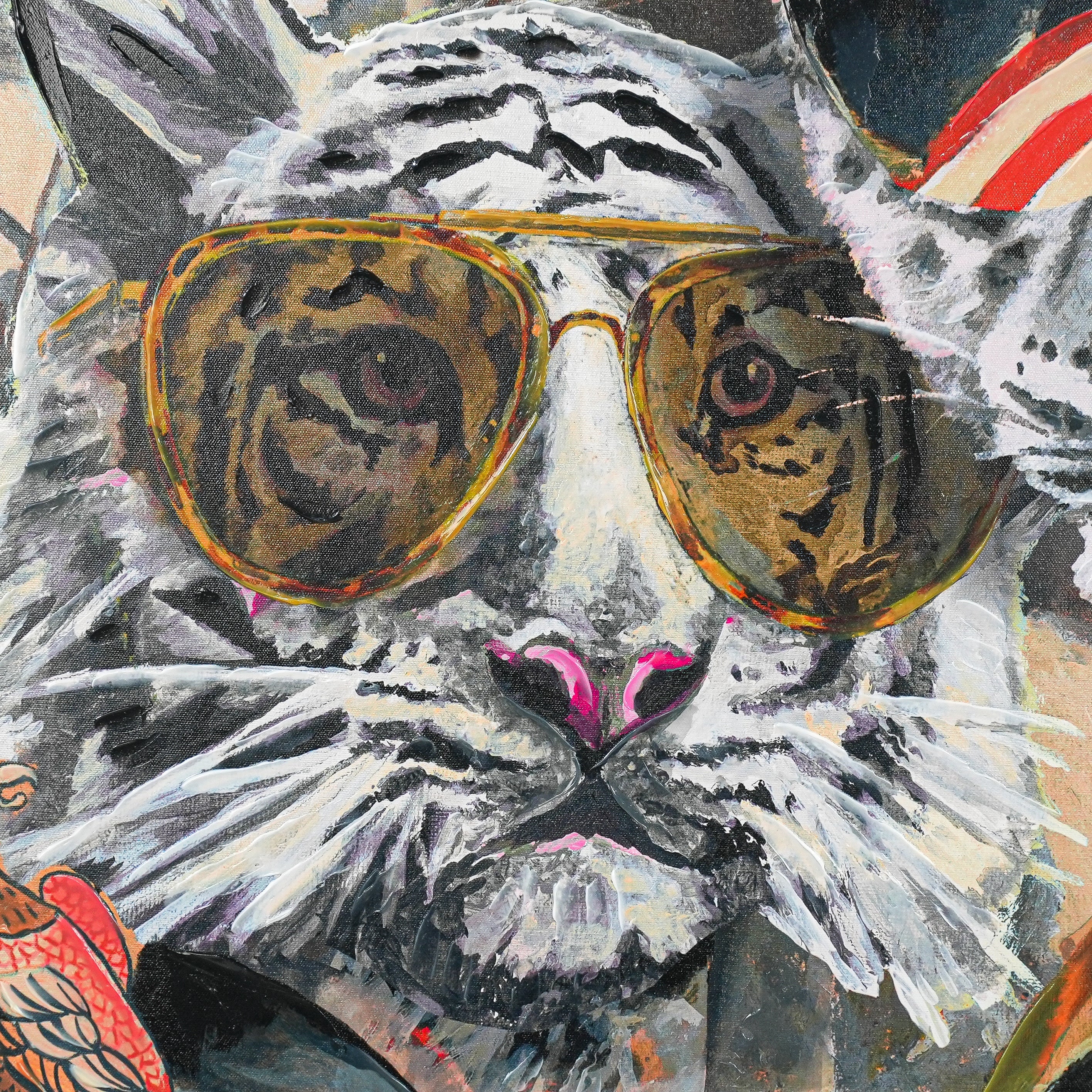 Aviator Wildcats: Where Nature Meets Urban Cool by Heather Perry 100% Hand Wall Painting (With Outer Floater Frame frame) ( 39 x 39 Inches )