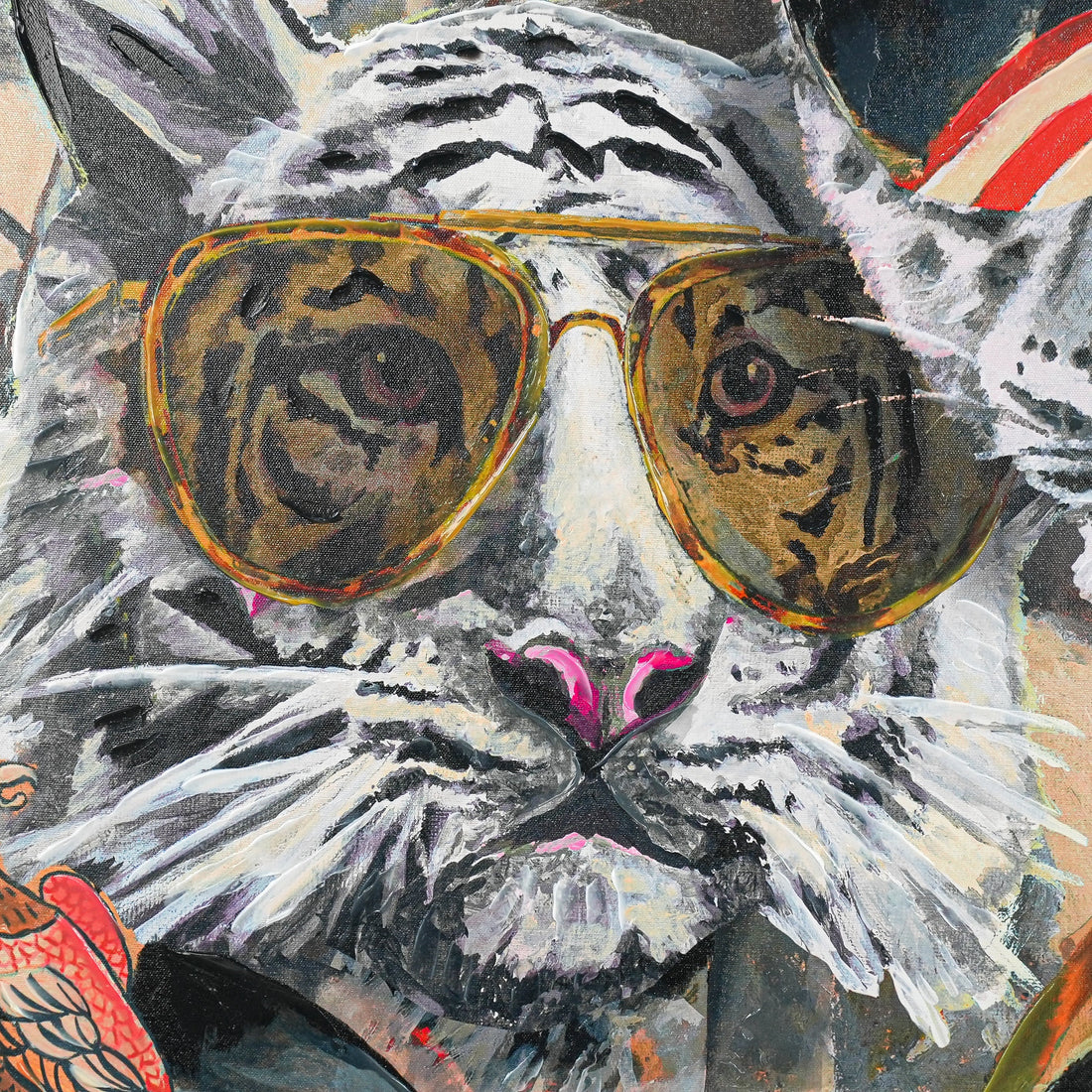 Aviator Wildcats: Where Nature Meets Urban Cool by Heather Perry 100% Hand Wall Painting (With Outer Floater Frame frame) ( 39 x 39 Inches )