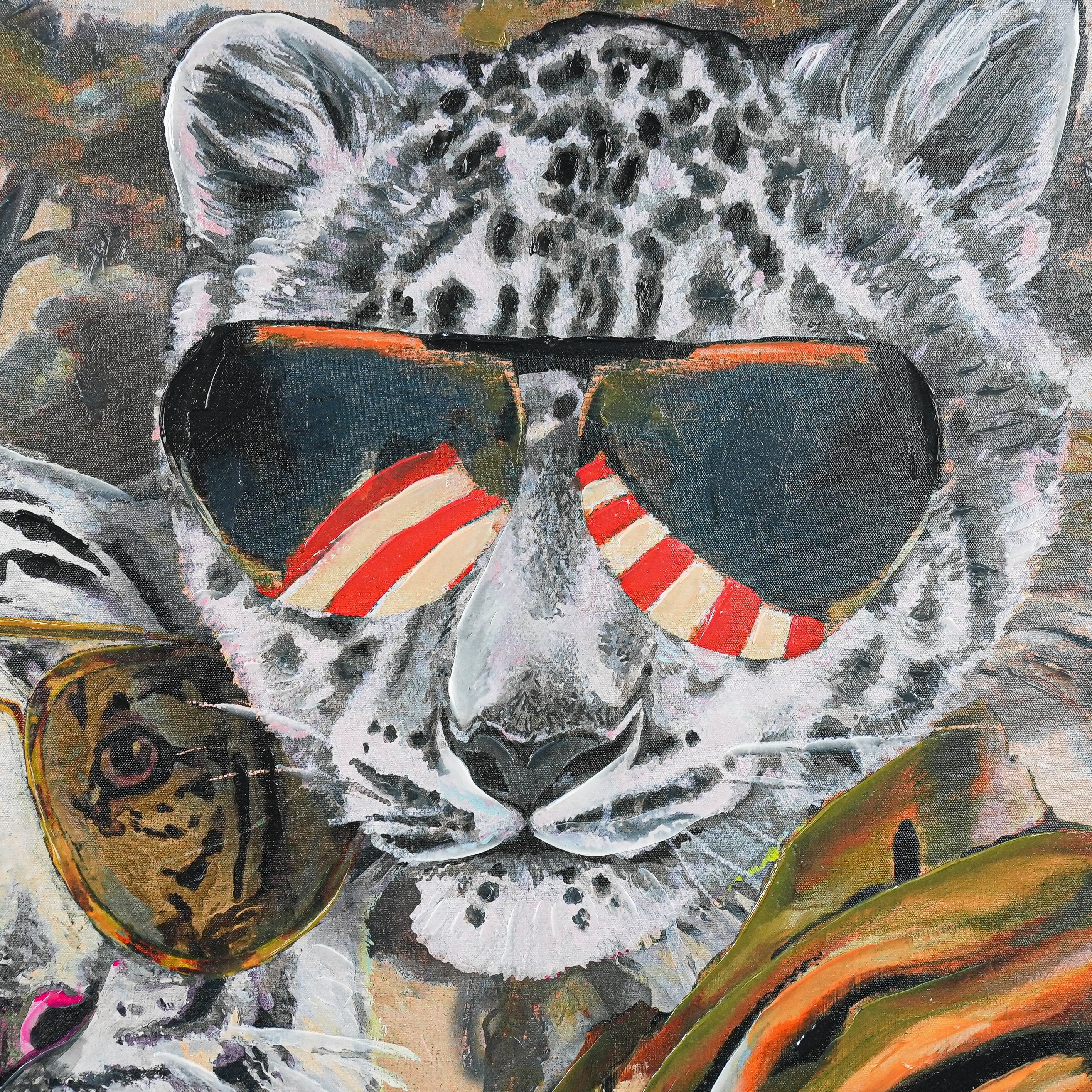 Aviator Wildcats: Where Nature Meets Urban Cool by Heather Perry 100% Hand Wall Painting (With Outer Floater Frame frame) ( 39 x 39 Inches )