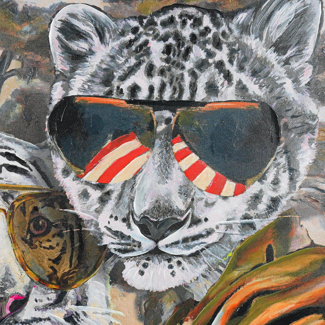 Aviator Wildcats: Where Nature Meets Urban Cool by Heather Perry 100% Hand Wall Painting (With Outer Floater Frame frame) ( 39 x 39 Inches )