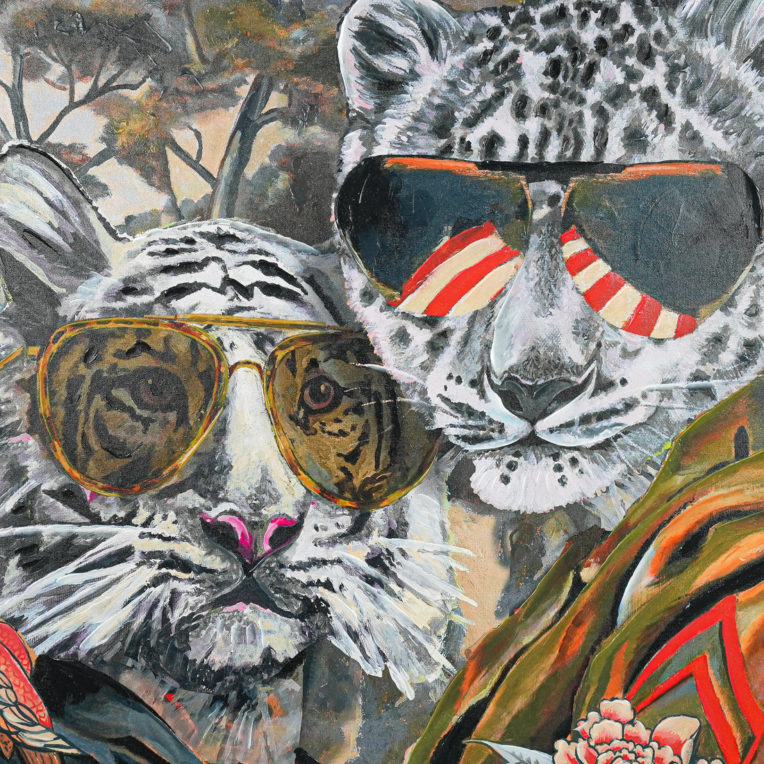 Aviator Wildcats: Where Nature Meets Urban Cool by Heather Perry 100% Hand Wall Painting (With Outer Floater Frame frame) ( 39 x 39 Inches )
