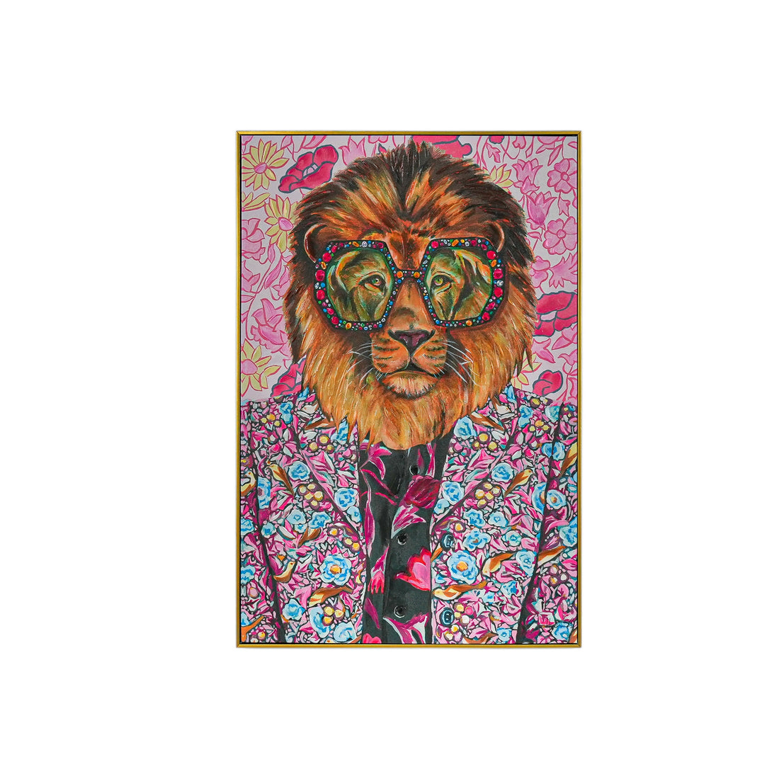 Glamorous Grove: The Dapper Lion by Heather Perry 100% Hand Wall Painting For Home (With Outer Floater Frame frame) ( 35.5 x 23.5 Inches )