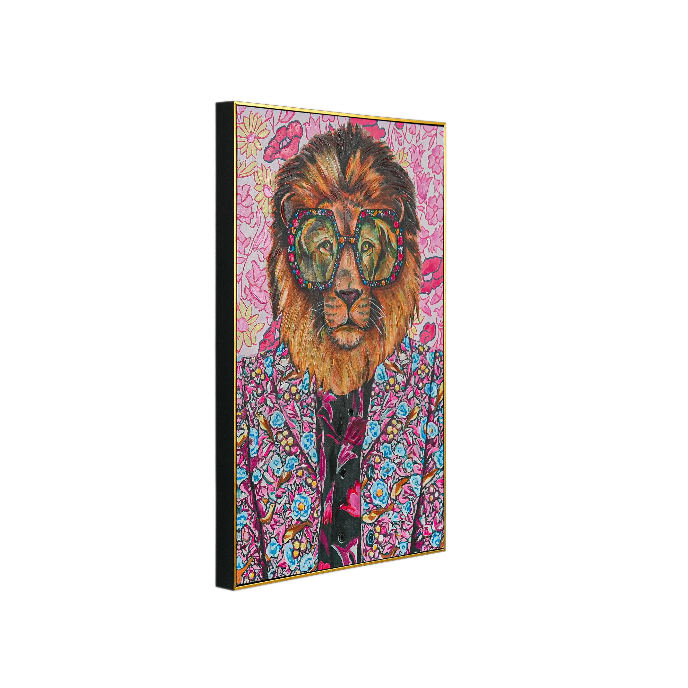 Glamorous Grove: The Dapper Lion by Heather Perry 100% Hand Wall Painting For Home (With Outer Floater Frame frame) ( 35.5 x 23.5 Inches )