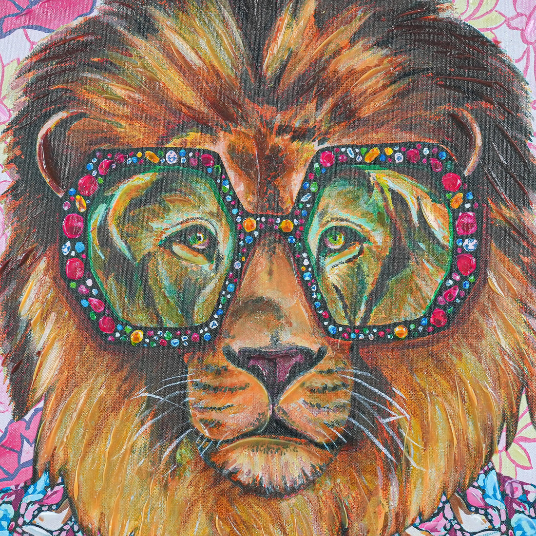 Glamorous Grove: The Dapper Lion by Heather Perry 100% Hand Wall Painting For Home (With Outer Floater Frame frame) ( 35.5 x 23.5 Inches )